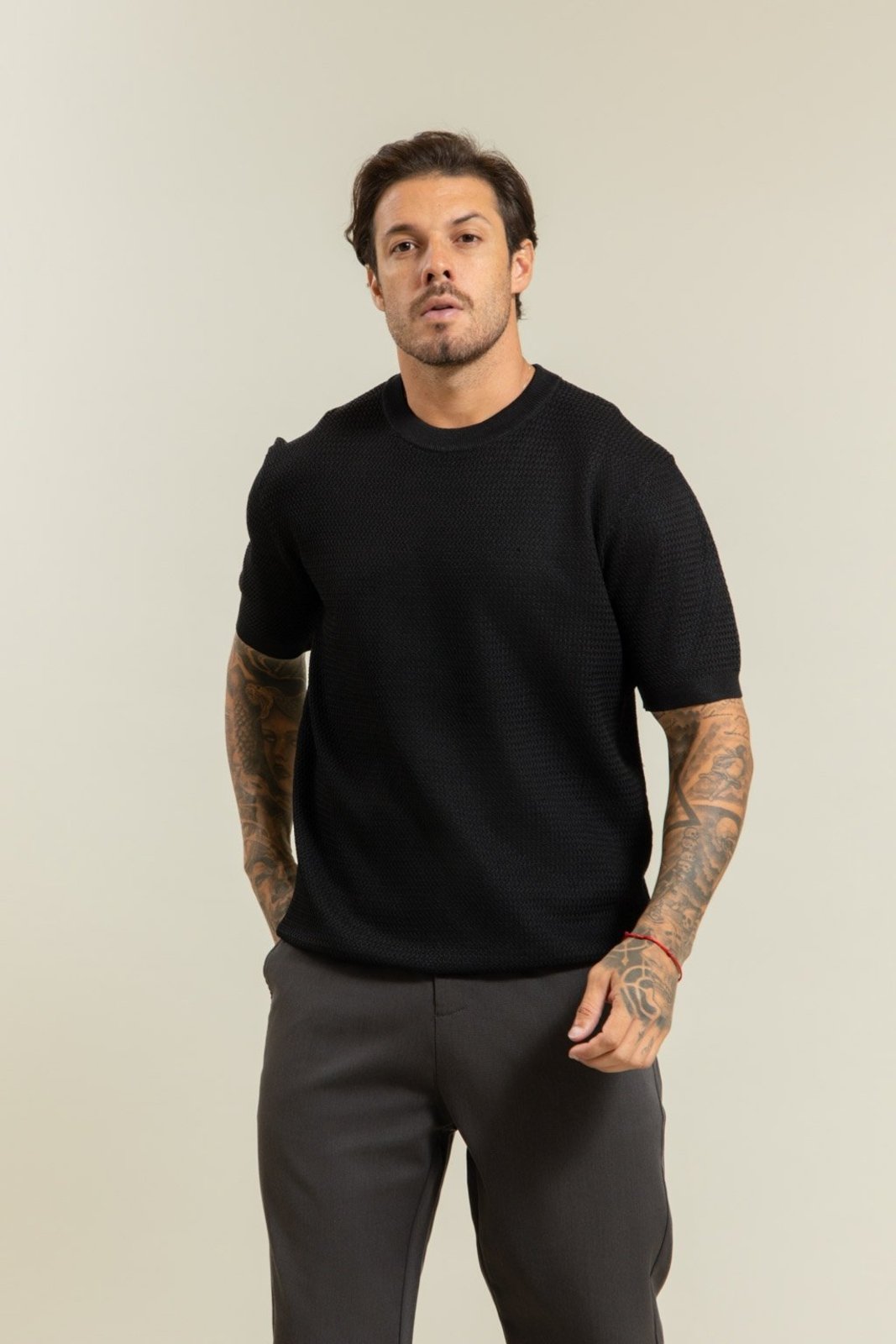 Camiseta de Tricot Masculina Básica em Viscose Preto Dialogo