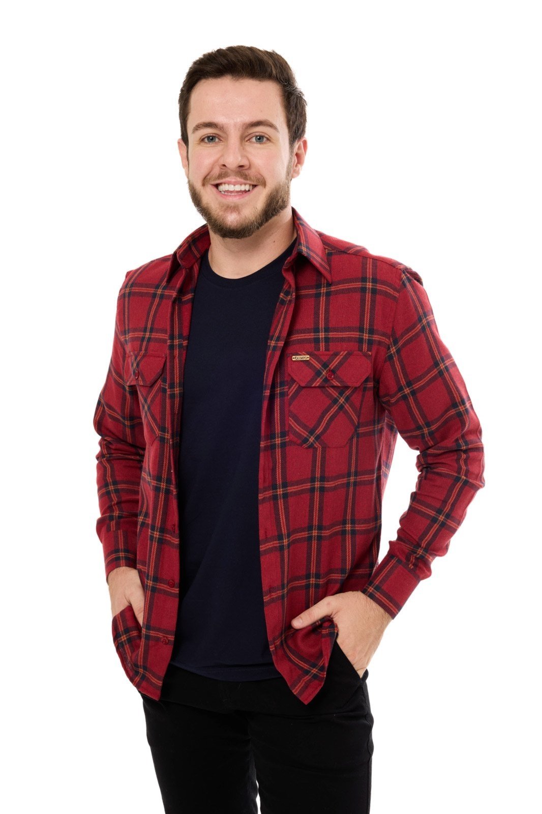 Camisa Masculina Olimpo Utilitária Flanela Xadrez Modelagem Clássica Vermelho