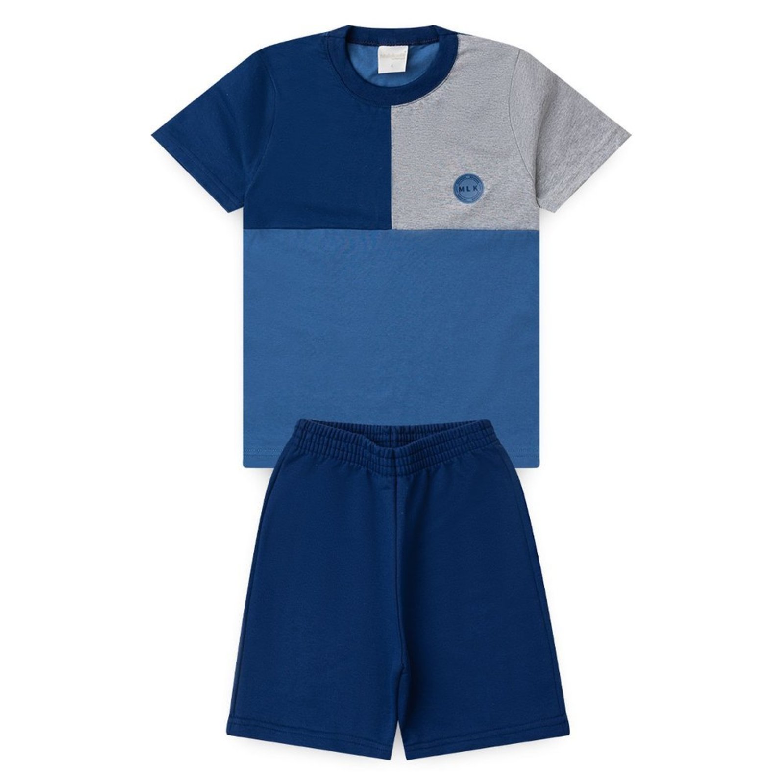 Infantil - Conjunto Verão Menino Azul e Mescla Camiseta com Recorte e Bermuda MLK