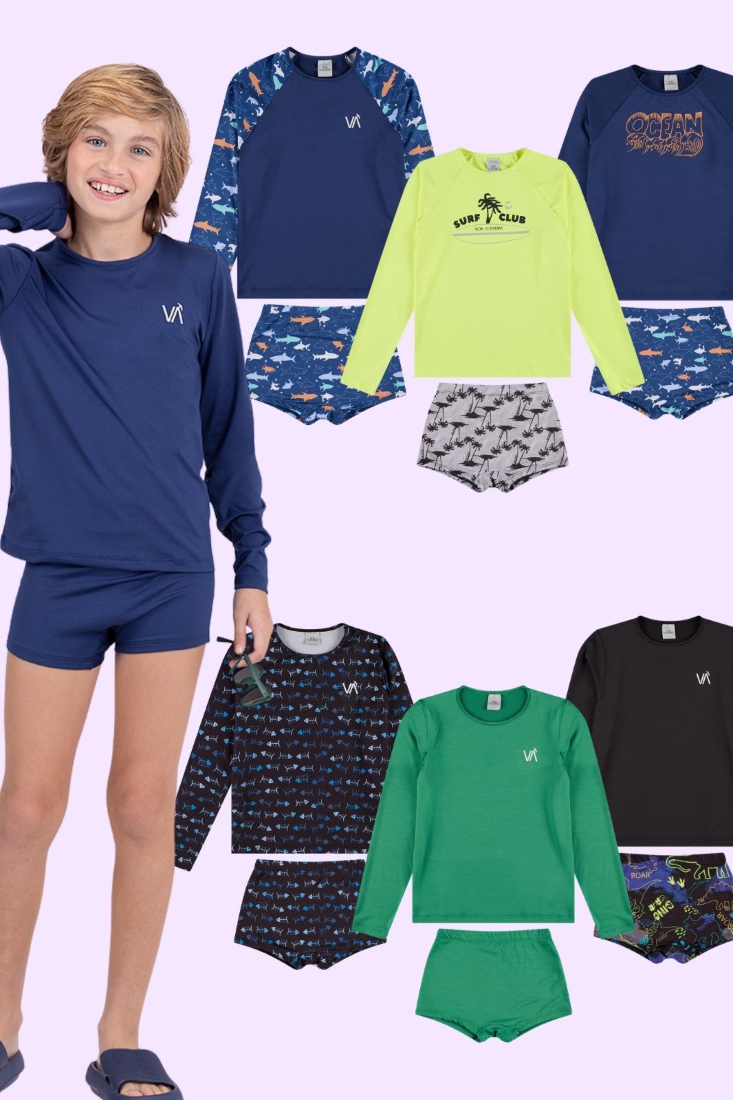 Kit Sortido 6 Peças de Roupas Infantis Menino Moda Praia- 3 Camisas + 3 Sungas