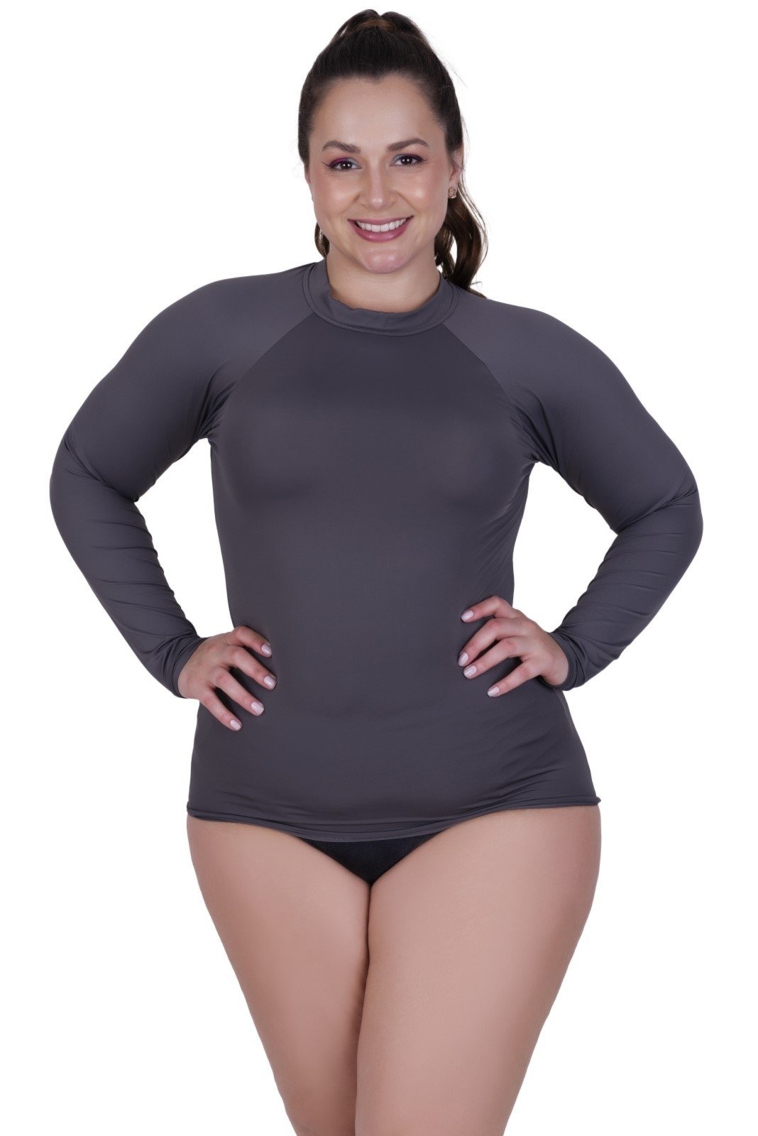 Camisa Plus Size Proteção Solar UV 50+ Terra e Mar Blusa Térmica Segunda Pele Frio e Calor Feminina Cinza