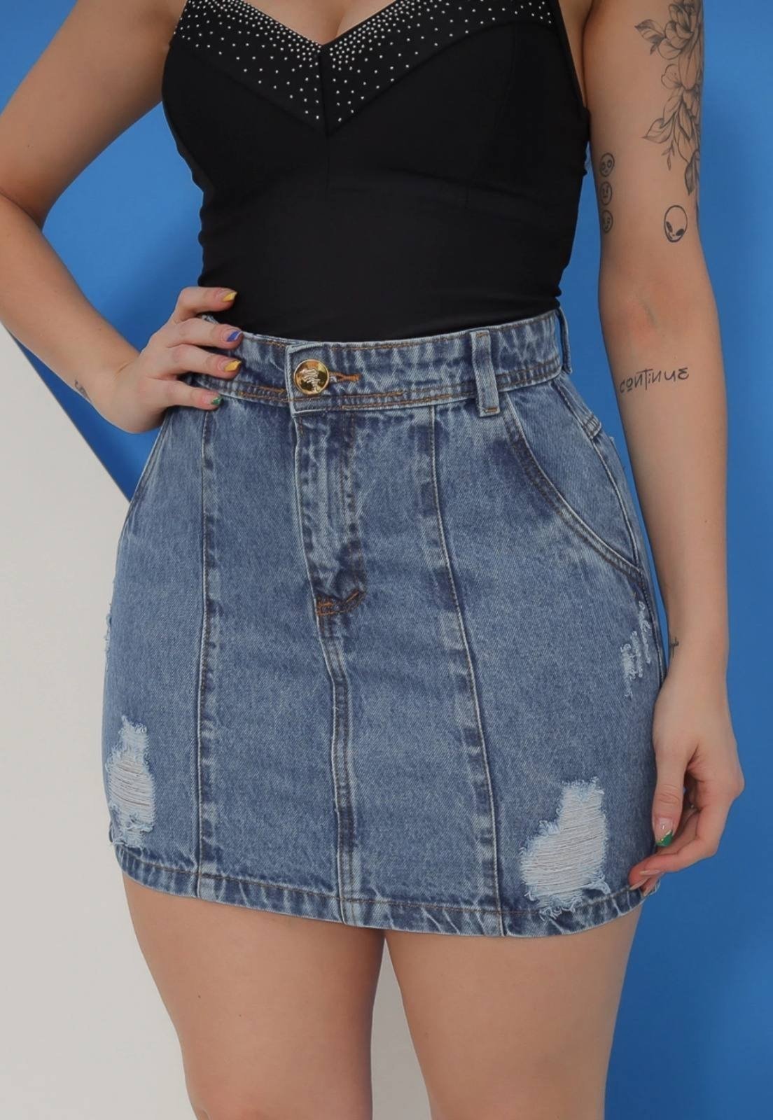 Saia Jeans Cintura Alta Marmorizada Devore Tendência Fashion Blogueira Verão