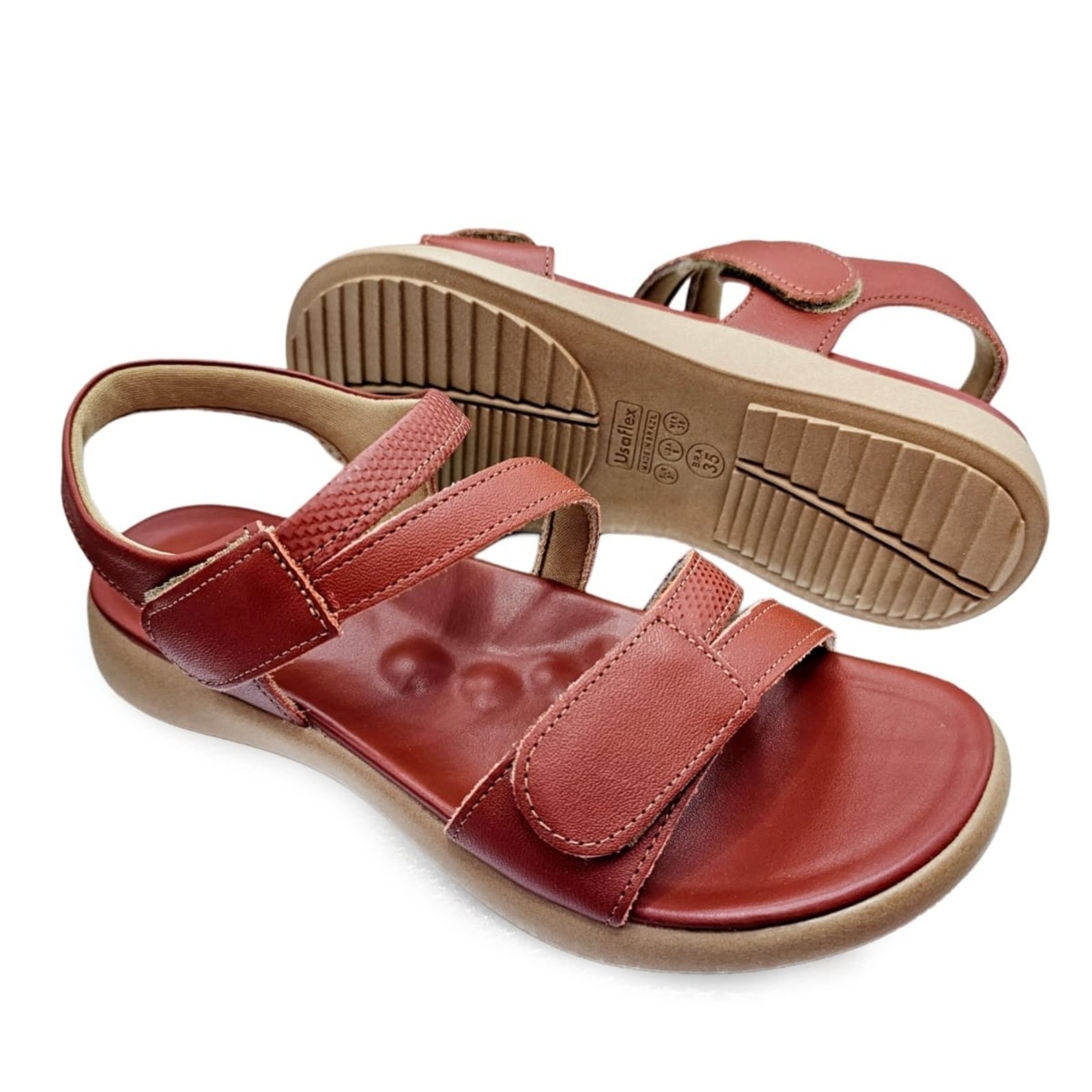 Vista 3 Sandália Feminina Usaflex Couro Tira Ajustável Conforto Terracota vermelho Usaflex vermelho