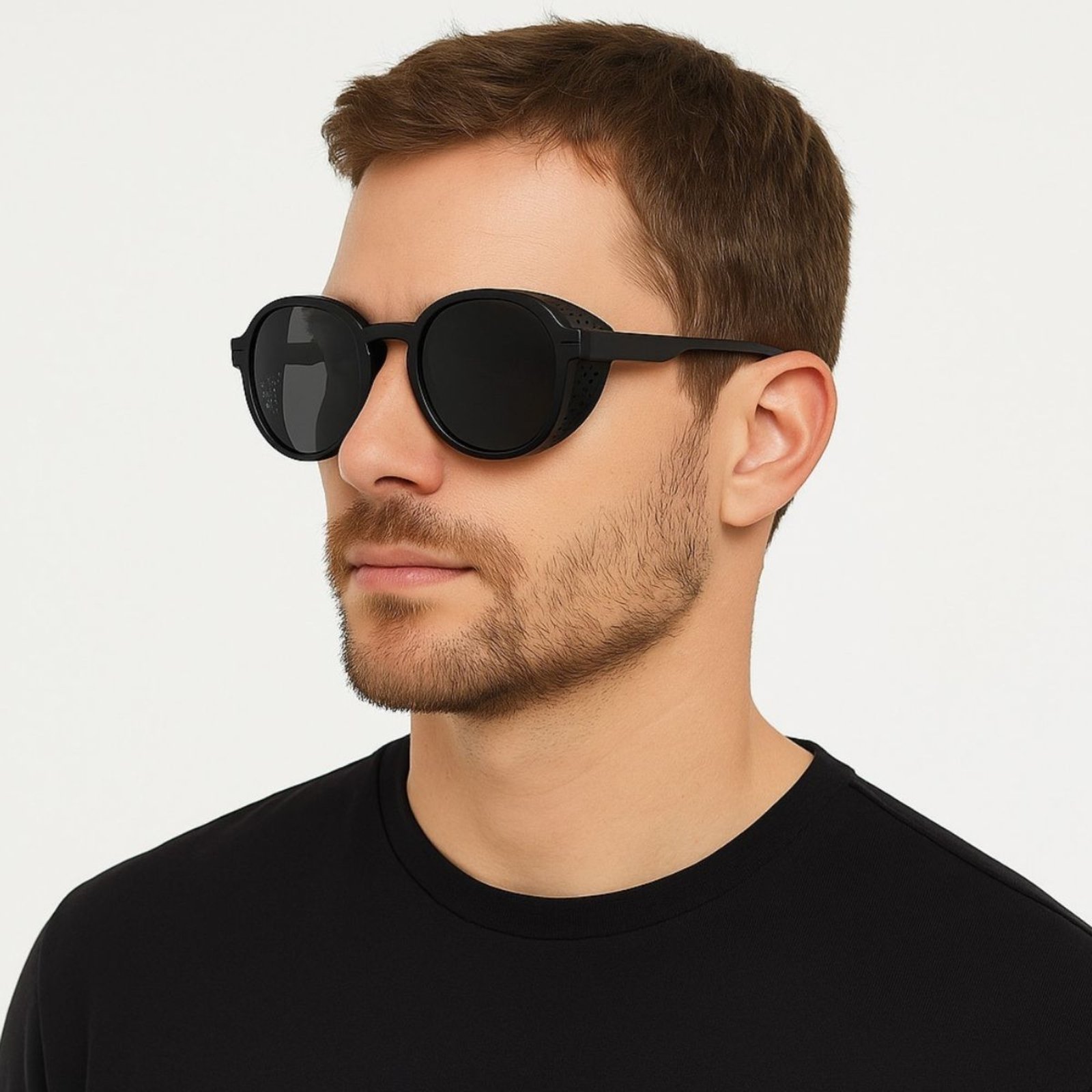 Óculos de Sol Masculino Redondo Preto Estilo Retrô UV400