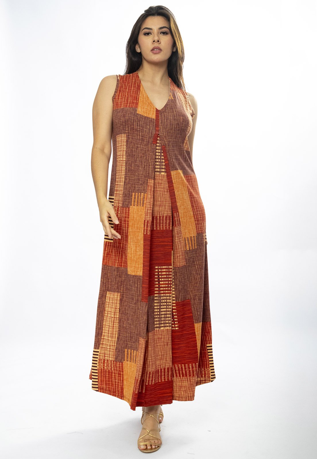 Vista 2 Vestido Longo Amazônia Vital Acará Malha Estampa Tramas do Sol Amazonia Vital bege/marrom/vermelho