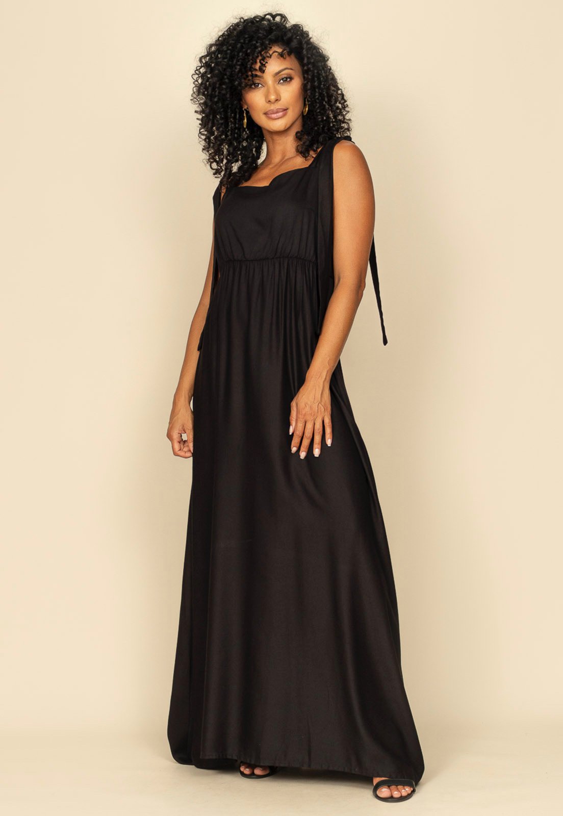 Vista 3 Vestido Longo Apioba Viscose com Amarração no Ombro Amazonia Vital preto