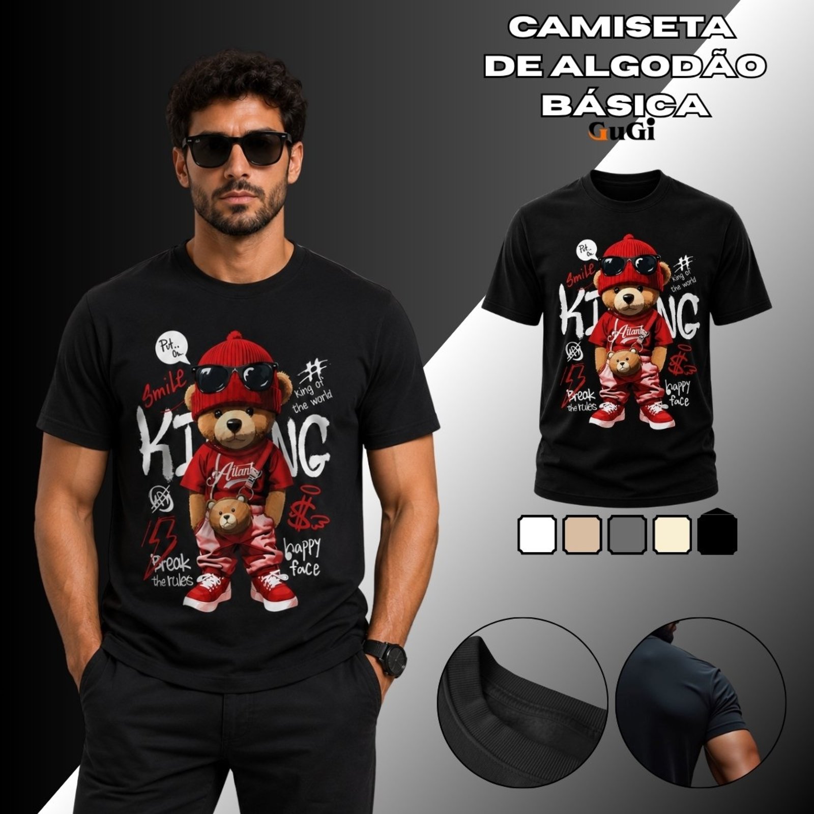 Camiseta Masculina Urso Hip Hop Street 100% Algodão 30.1 Preto