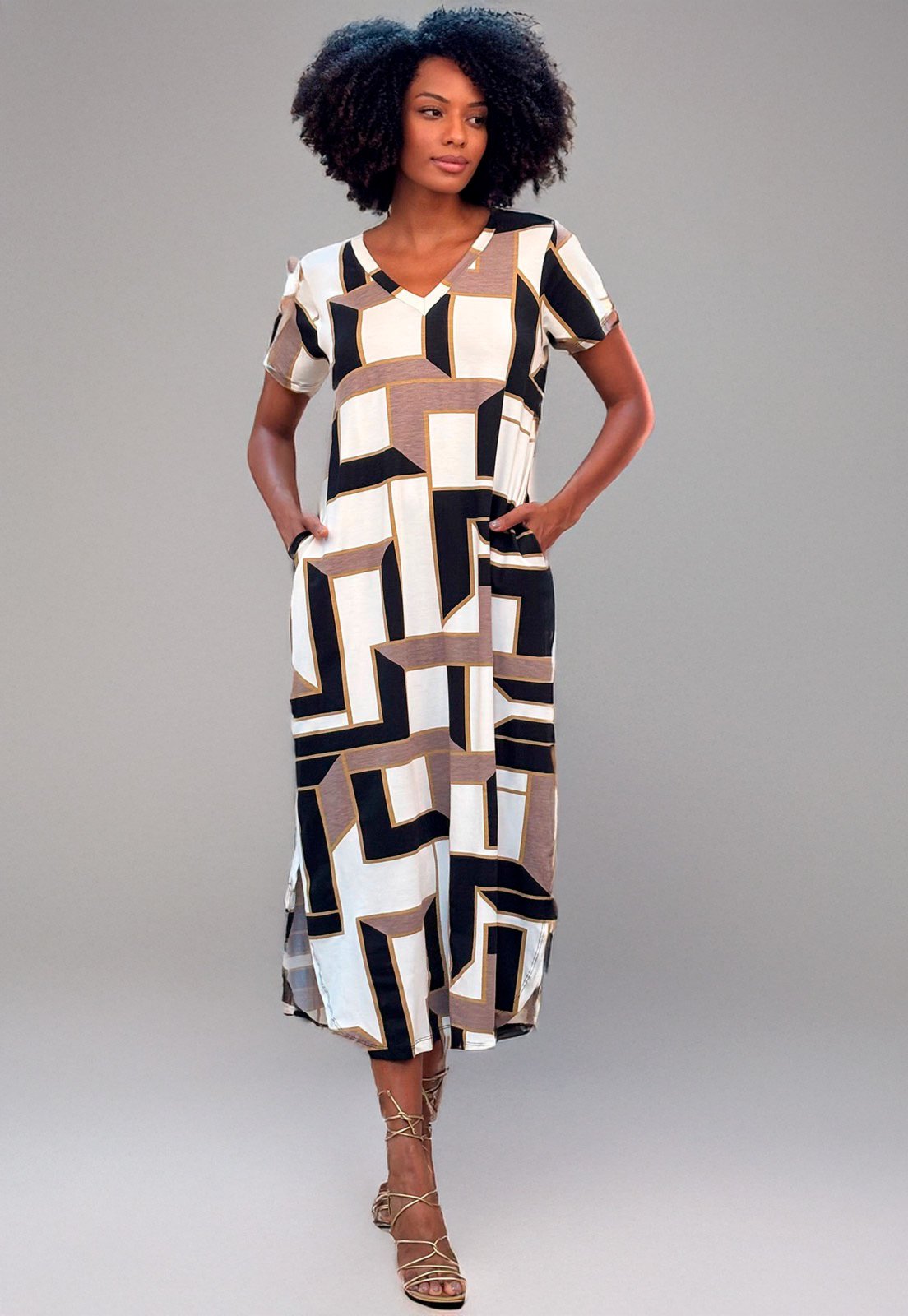 Vestido Cabanafree Midi Abapã Malha com Bolso Estampa Igaci