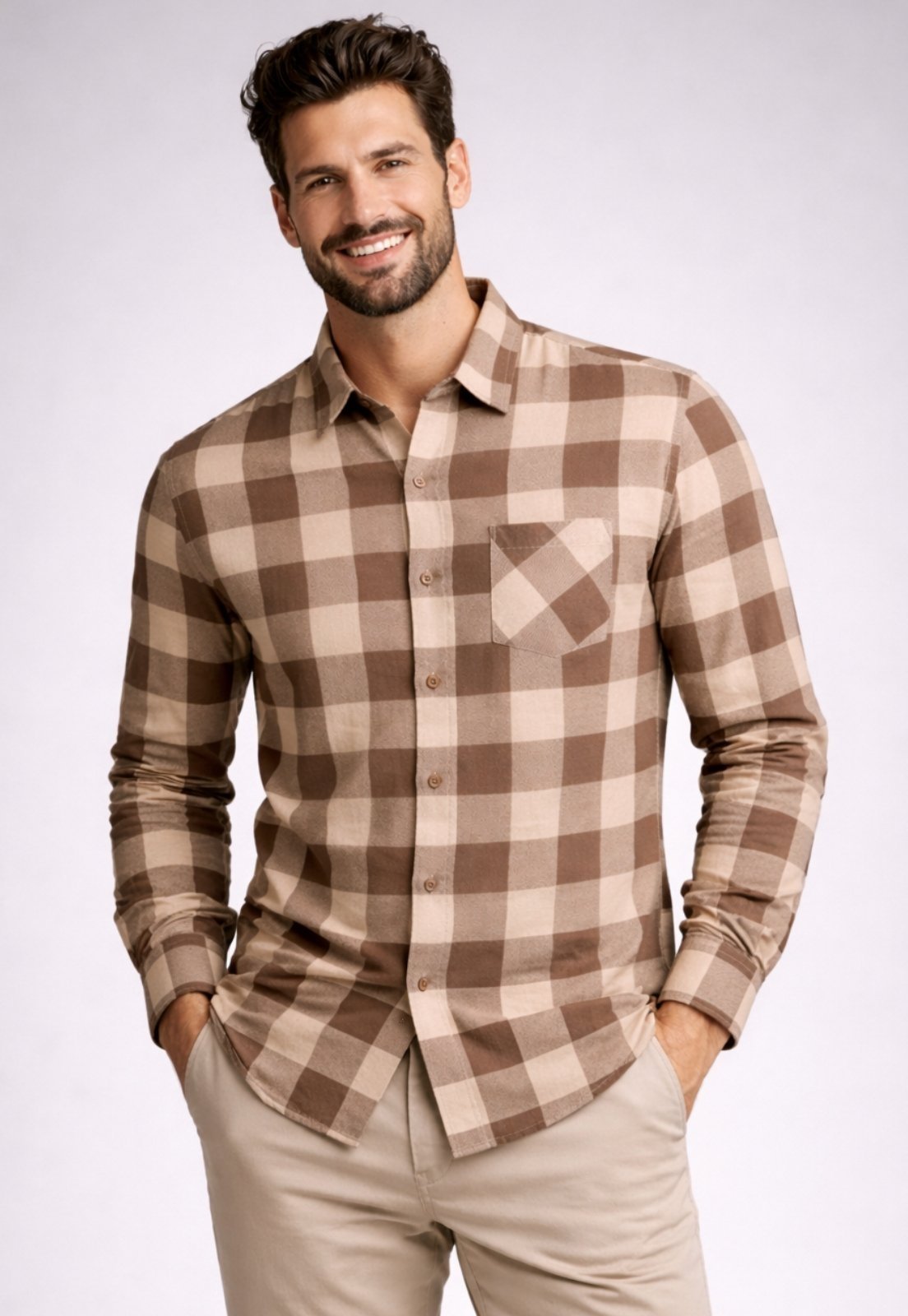 Camisa Xadrez Masculina Manga Longa Daze Modas Bege