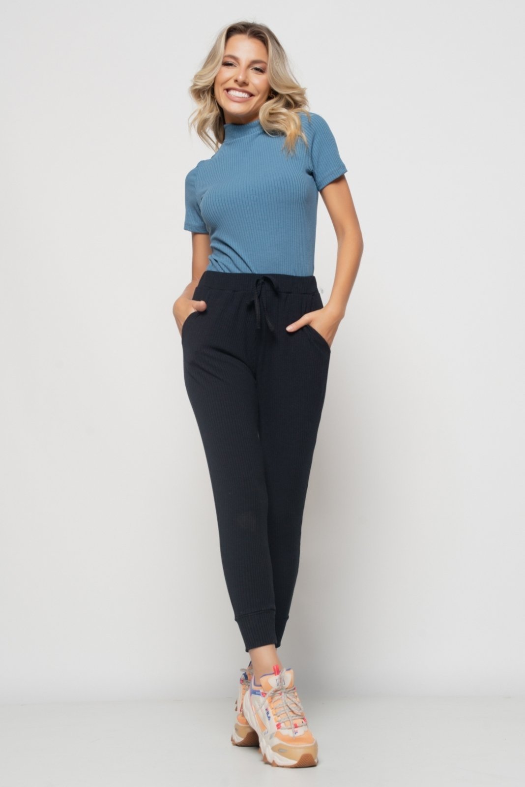 Vista 3 Blusa Salvatore Gola Alta Malha Canelada Jeans Salvatore Fashion azul Salvatore Fashion azul