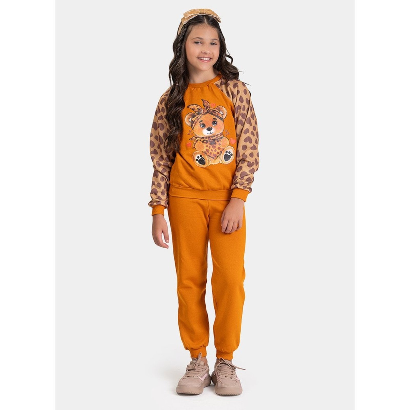 Infantil - Conjunto Inverno Menina Canela Blusão Raglan e Calça em Moletom Ursinha Fashion