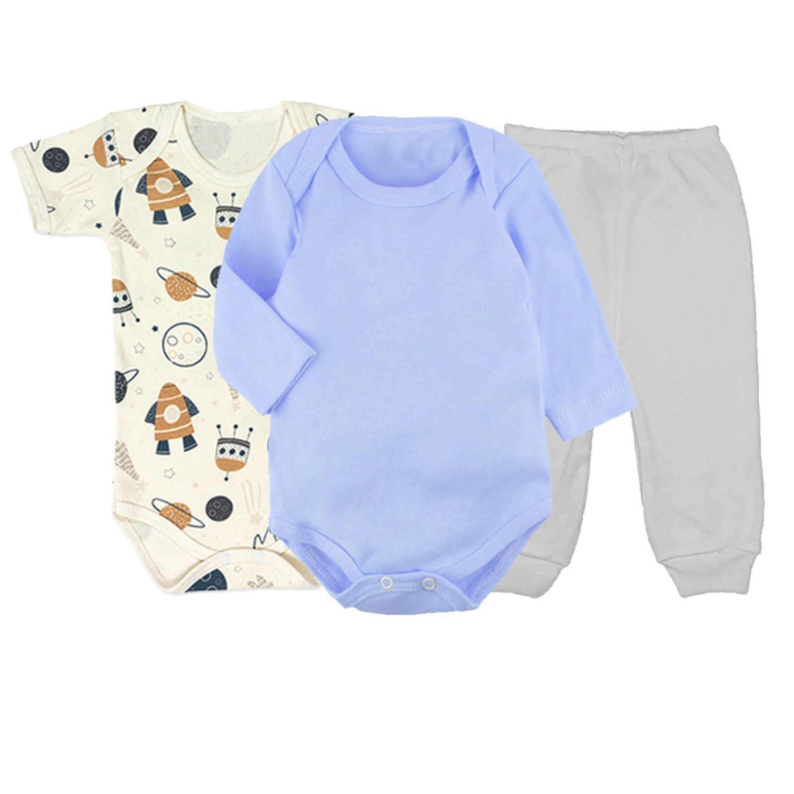 Infantil – Kit Roupinhas de 3 Peças Body e Calça Mijão Pé Aberto Azul