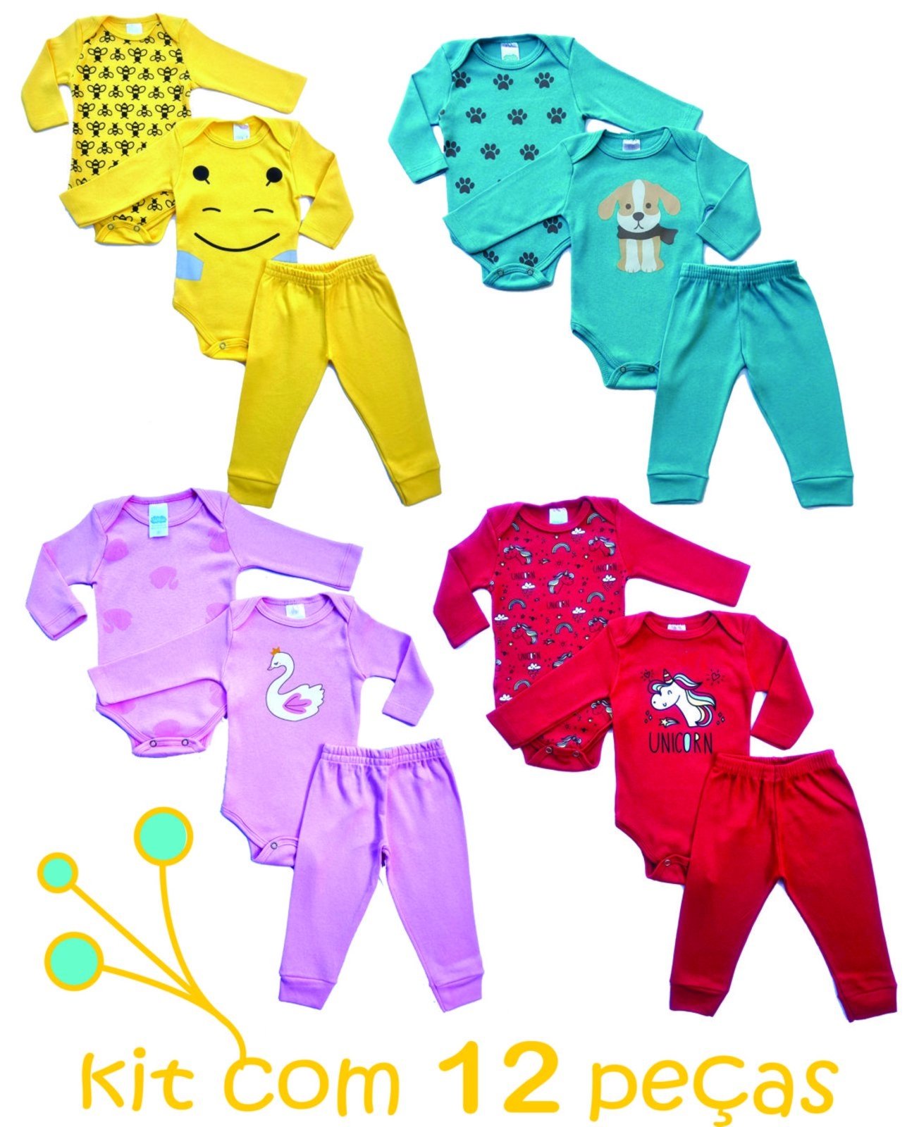 Infantil - Body Menina 4 Kits com 12 Peças Longas de INVERNO Multicolorido