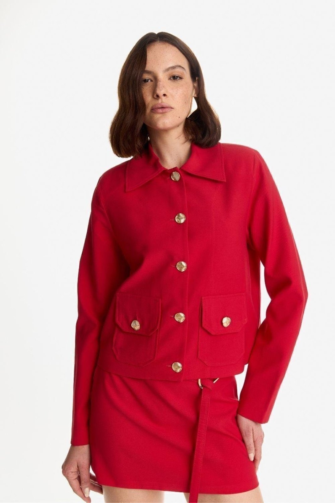 Casaco Liso Com Bolso Carlota Costa Vermelho