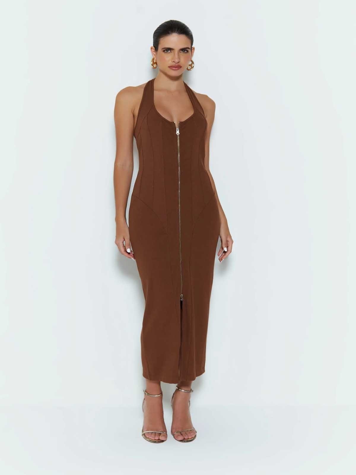 Vestido Midi Zen Frente Ziper Marrom
