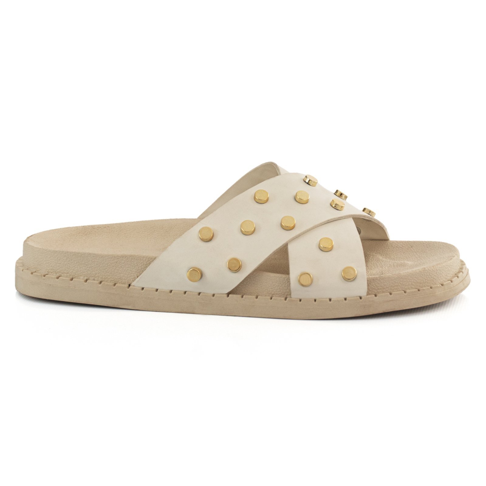 Sandália Papete Flatform Rasteirinha Brilho Metalizado Enfeite Metal Off White