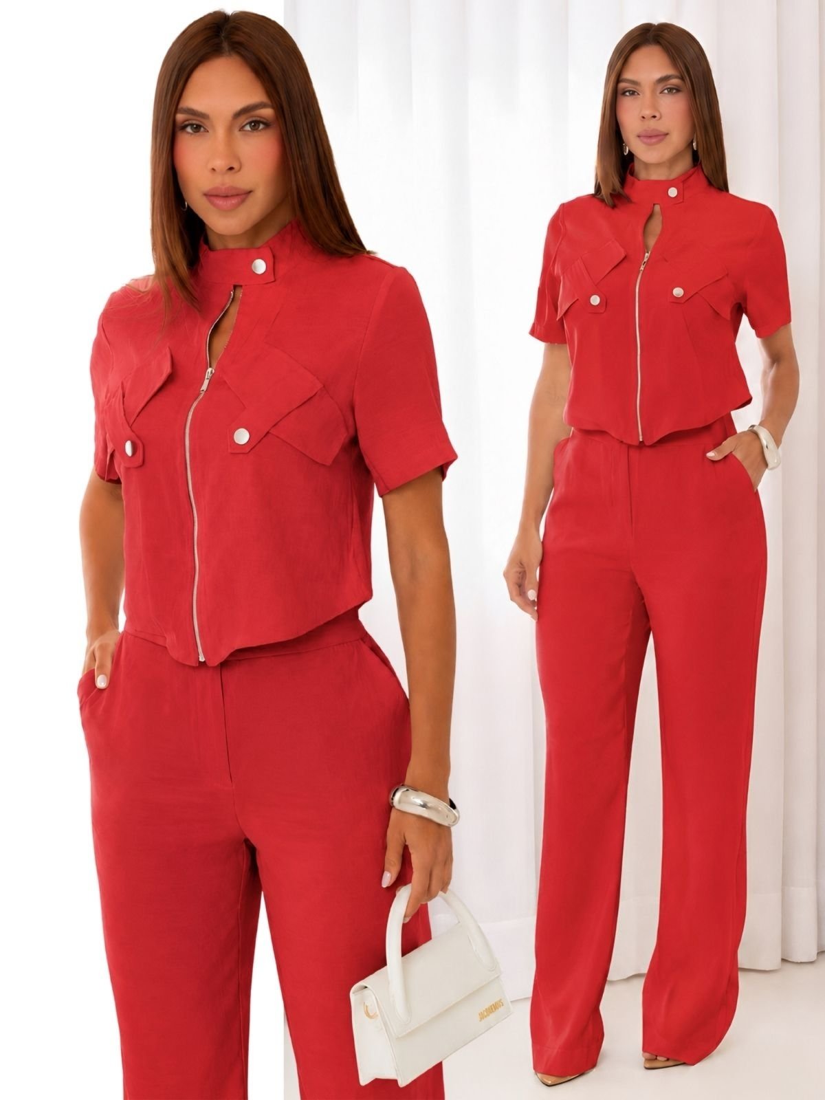 Conjunto Alfaiataria Feminino Tropical Fashion Blusa Jaqueta e Calça Elegante - Vermelho