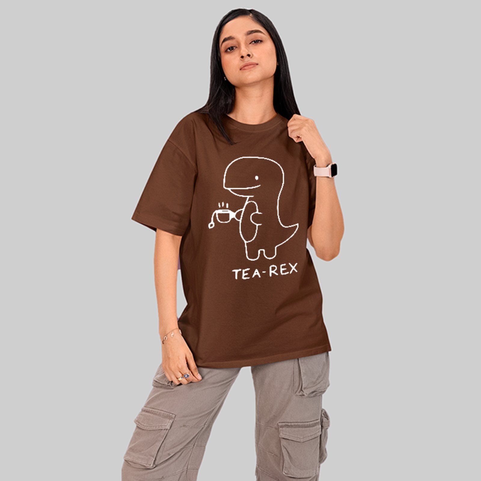 Camiseta Oversized Premium T-Rex Tea Meme Unissex Marrom