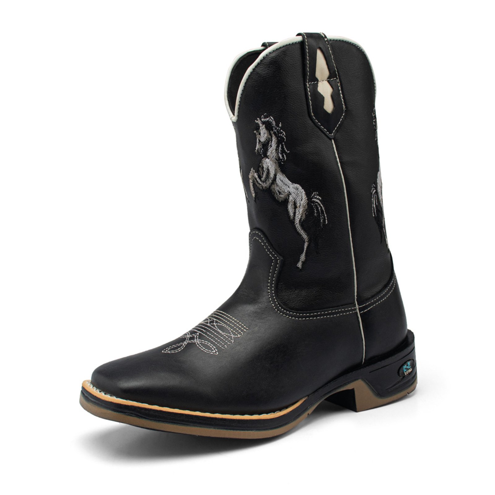 Bota Texana Masculina RR Botas Country Em Couro Com Bordado Cavalo Bico Quadrado Cano Alto Preto