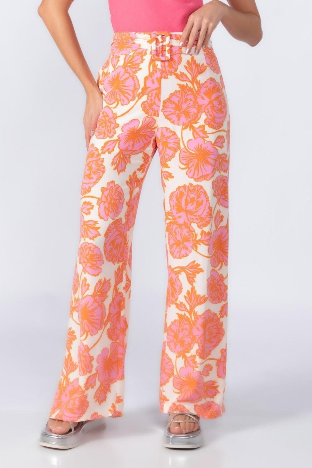 Calca pantalona em viscose com ziper Rosa