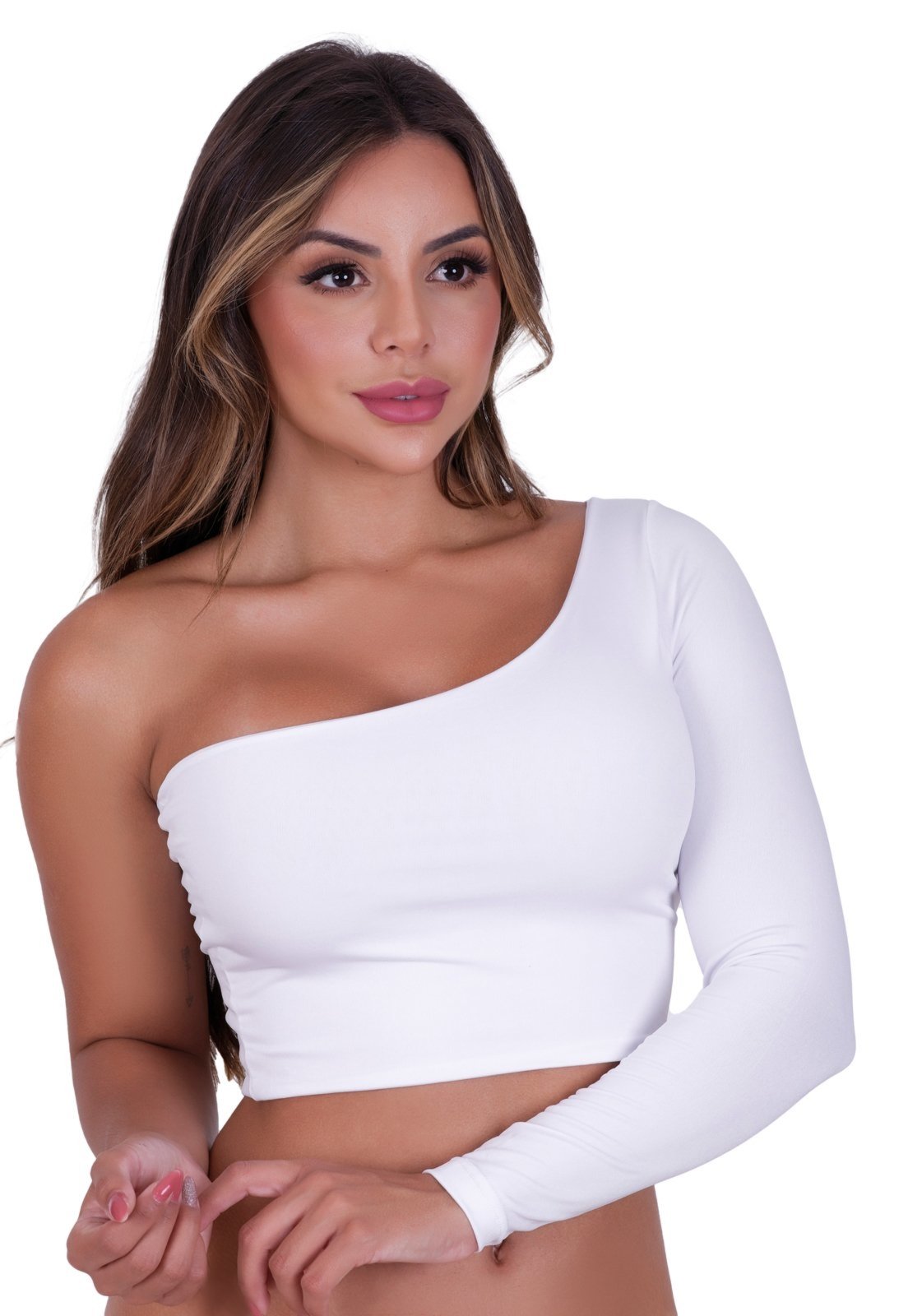 Blusa Cropped Mula Manca MdMix Uma Manga Top Branco