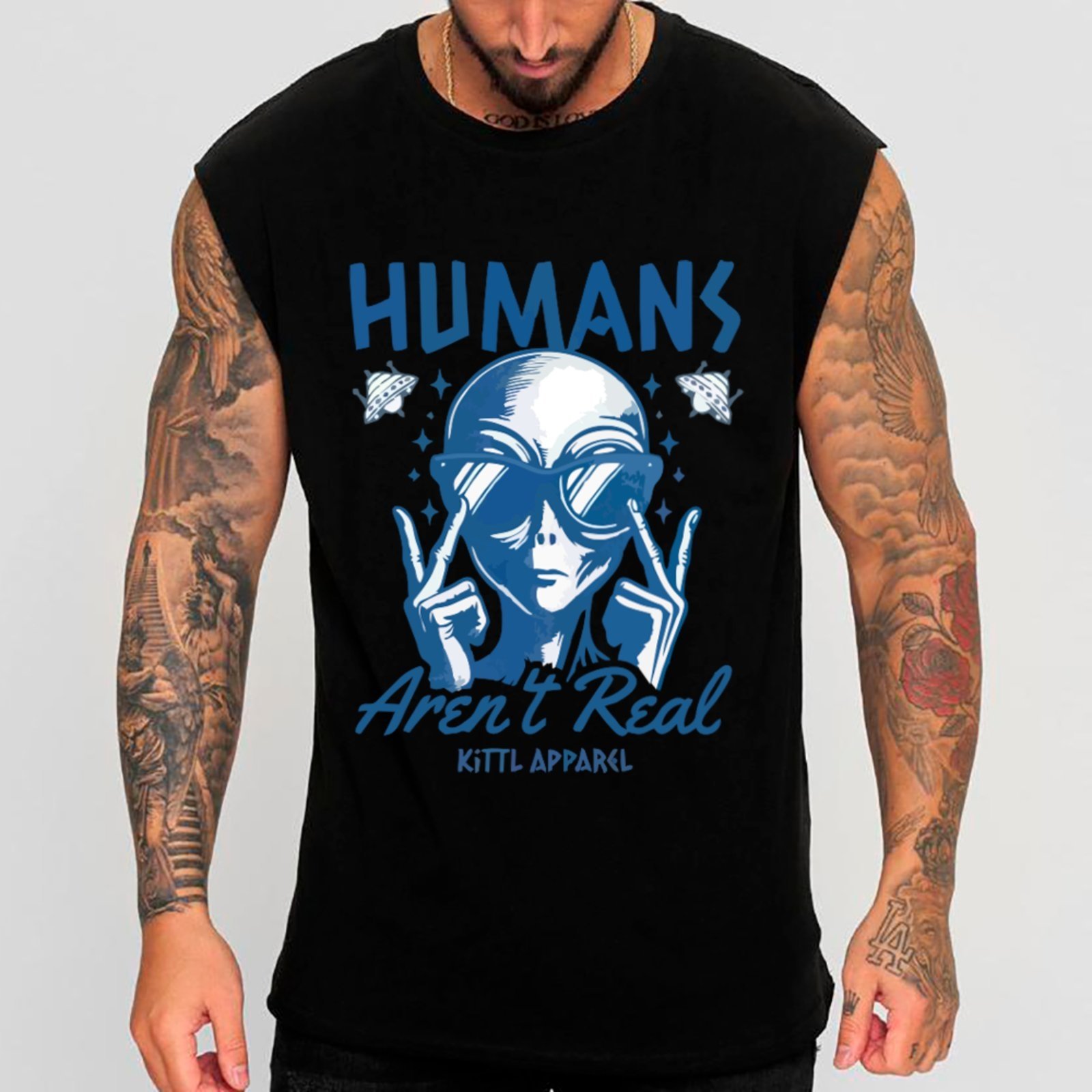 Vista 2 Camiseta Regata Machão Ousy Alien Humans Arent Real Oversized Masculina preto ousy preto