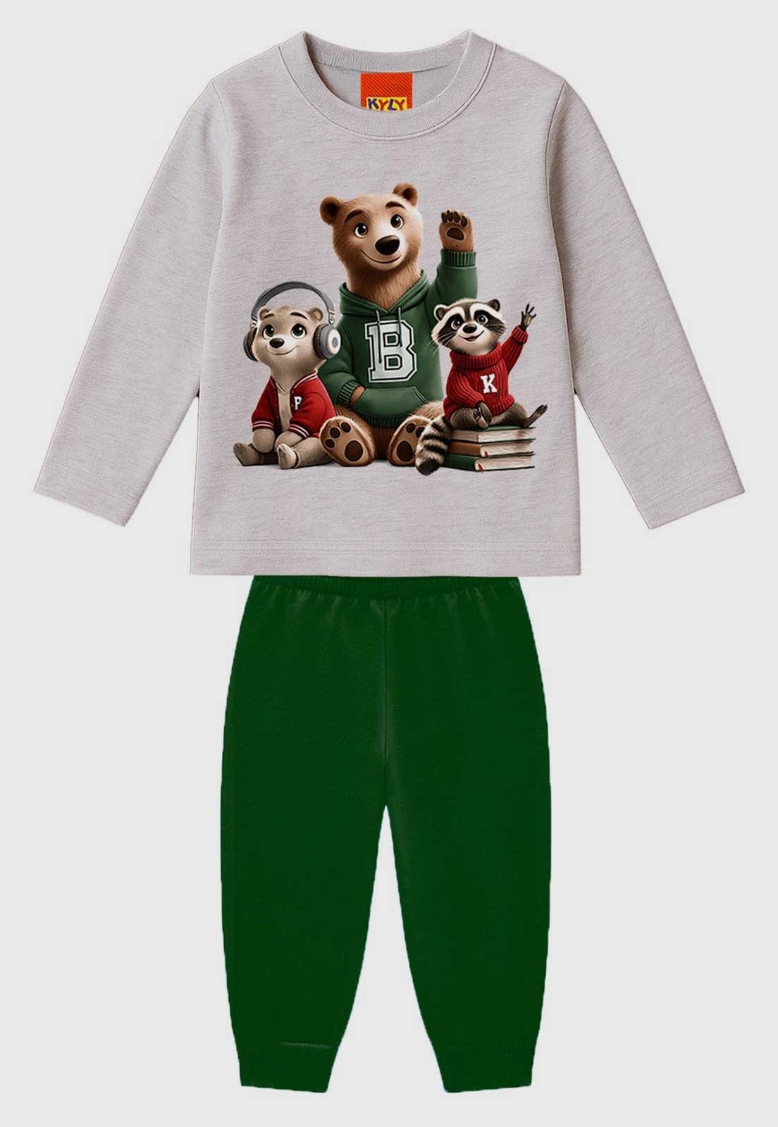 Infantil - Conjunto Kyly Camiseta Manga Longa Animais Cinza e Calça Verde
