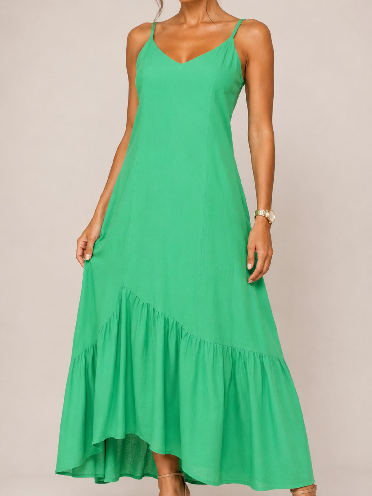 Vestido Longo Lapetry Decote V Alça Regulável Saia Maria Verde
