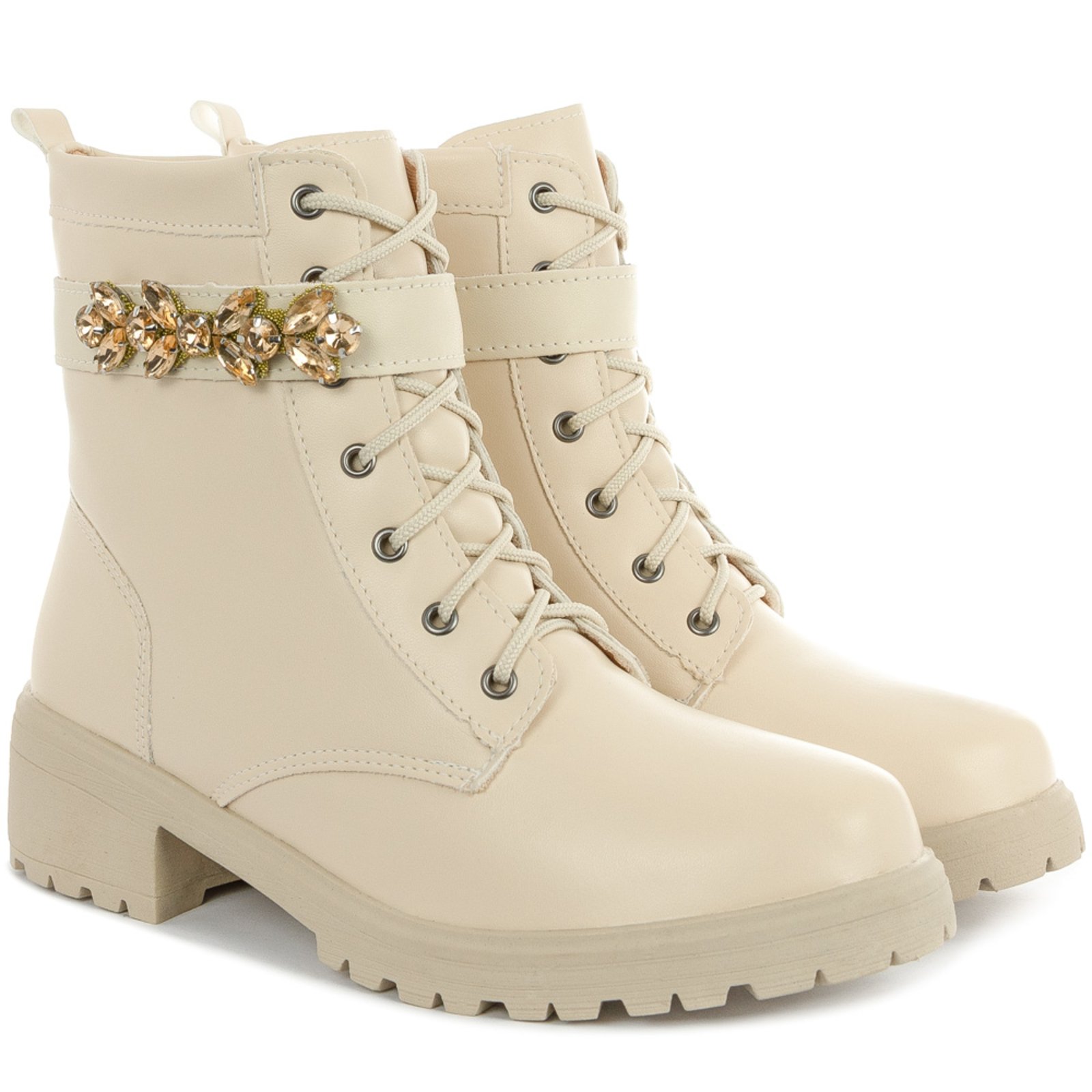 Bota Coturno Feminina Tratorada Com Pedraria Confortável Olzzy Off White