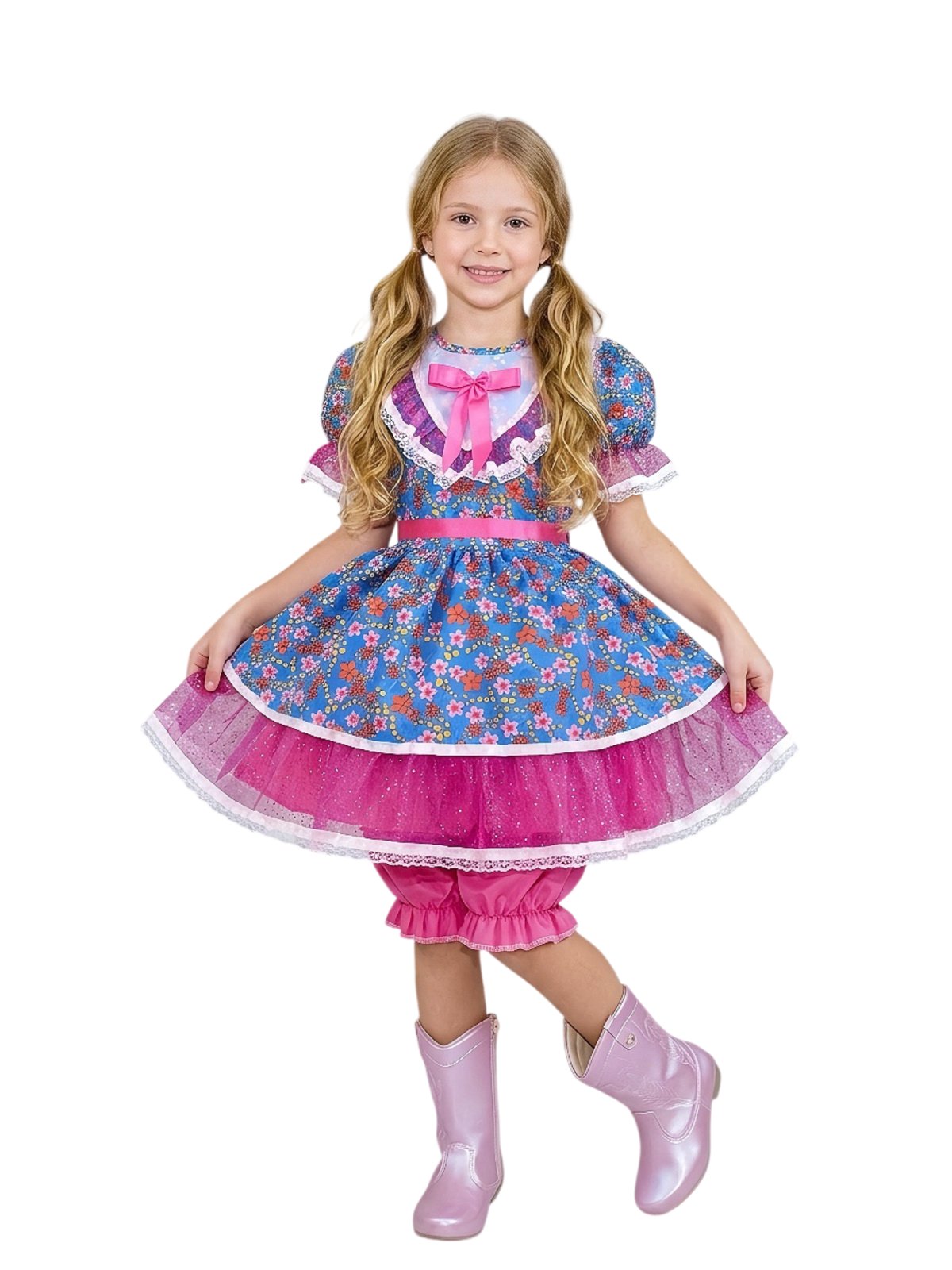 Infantil - Vestido Festa Junina Rosa Pink Azul Florido Laços Junino Caipira Quadrilha Sinhá Rodado