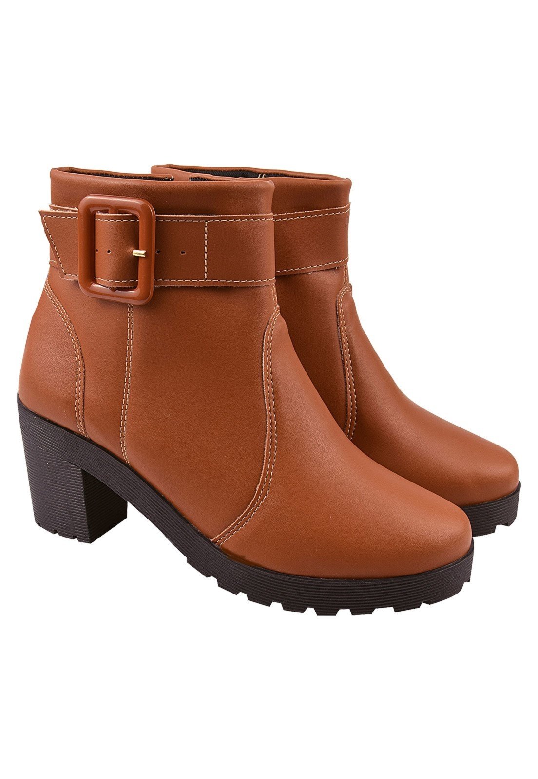 Bota Coturno Feminina Tratorada Com Fivela Caramelo