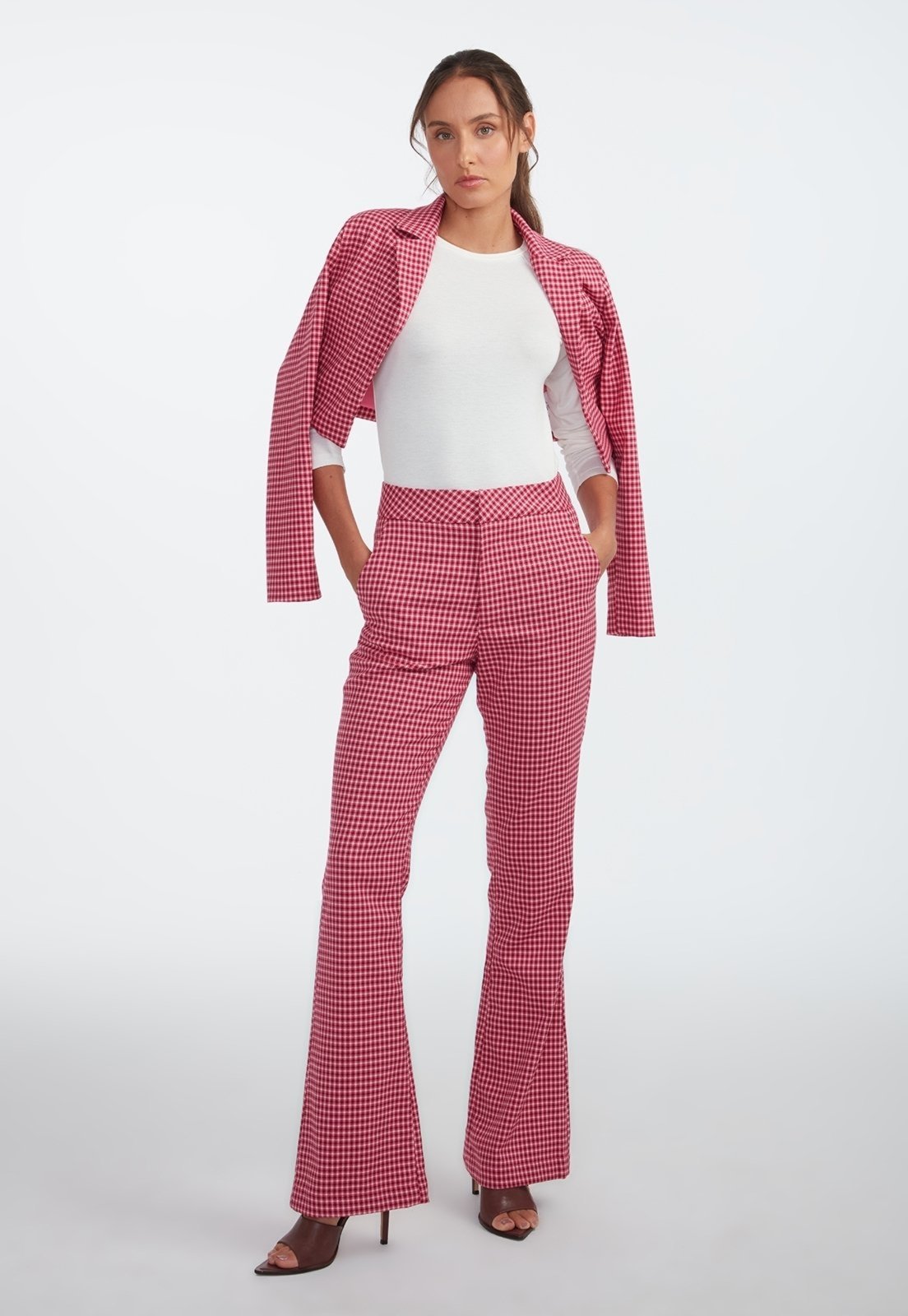 Calça Xadrez Traymon Flare Cintura Alta Rosa