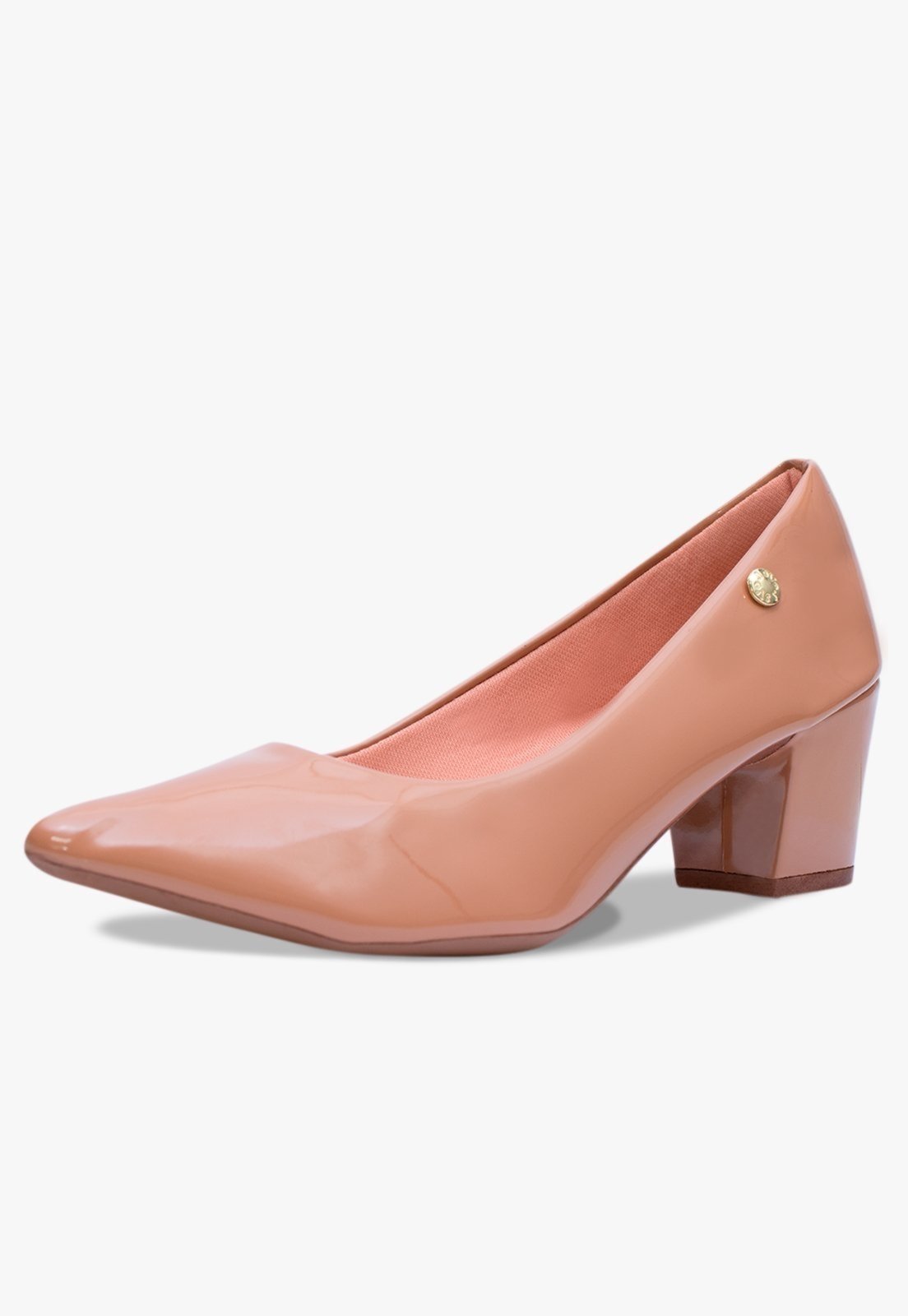 Scarpin Feminino Takata Salto Baixo Bloco Bico Fino Verniz Bege