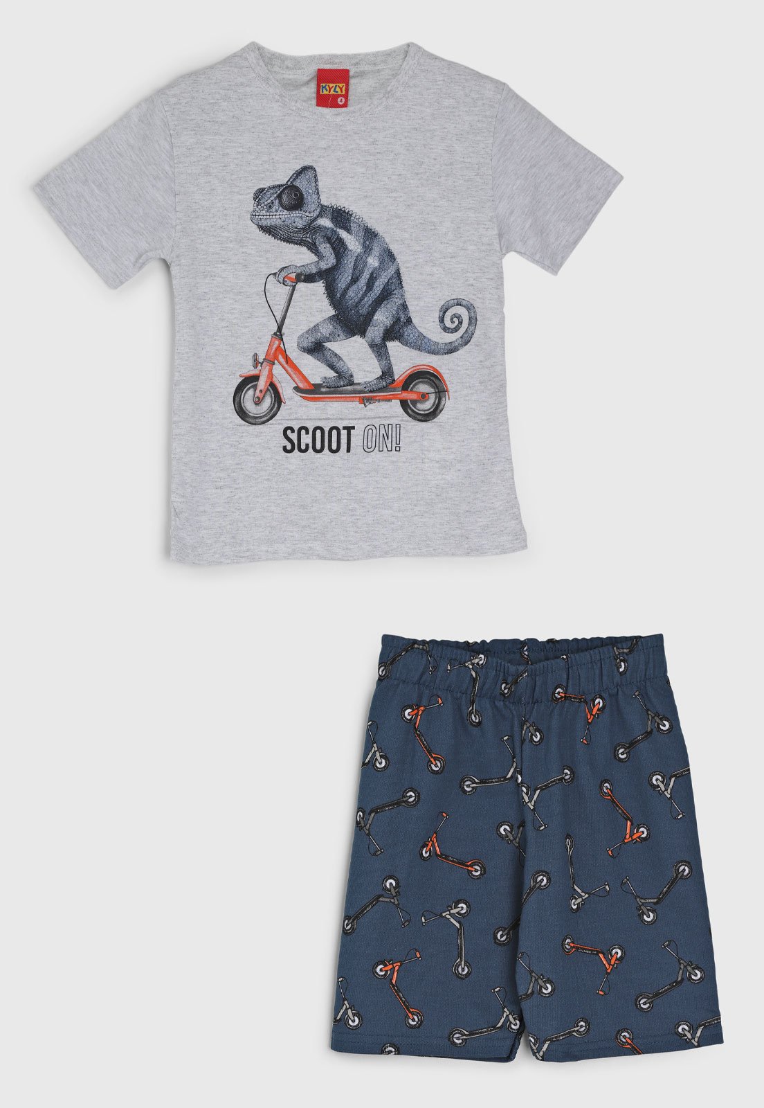 Infantil - Conjunto Kyly Camiseta e Bermuda Estampa Camaleão e Patinetes Cinza