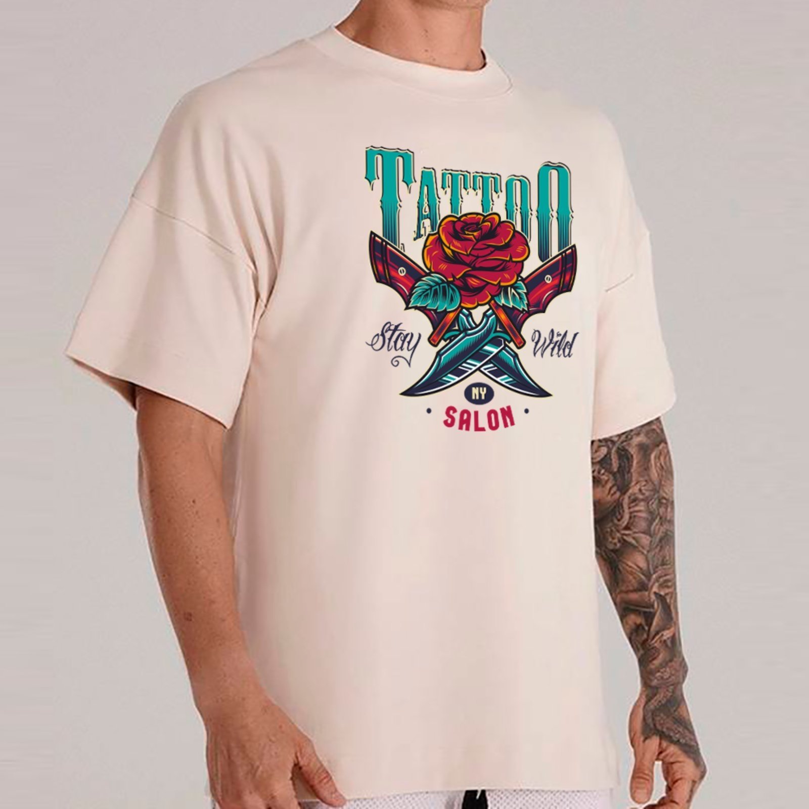 Vista 2 Camiseta Ousy Unissex Streetwear Tattoo Stay Wild Visual Exclusivo Oversized Off White off-white white ousy off-white white