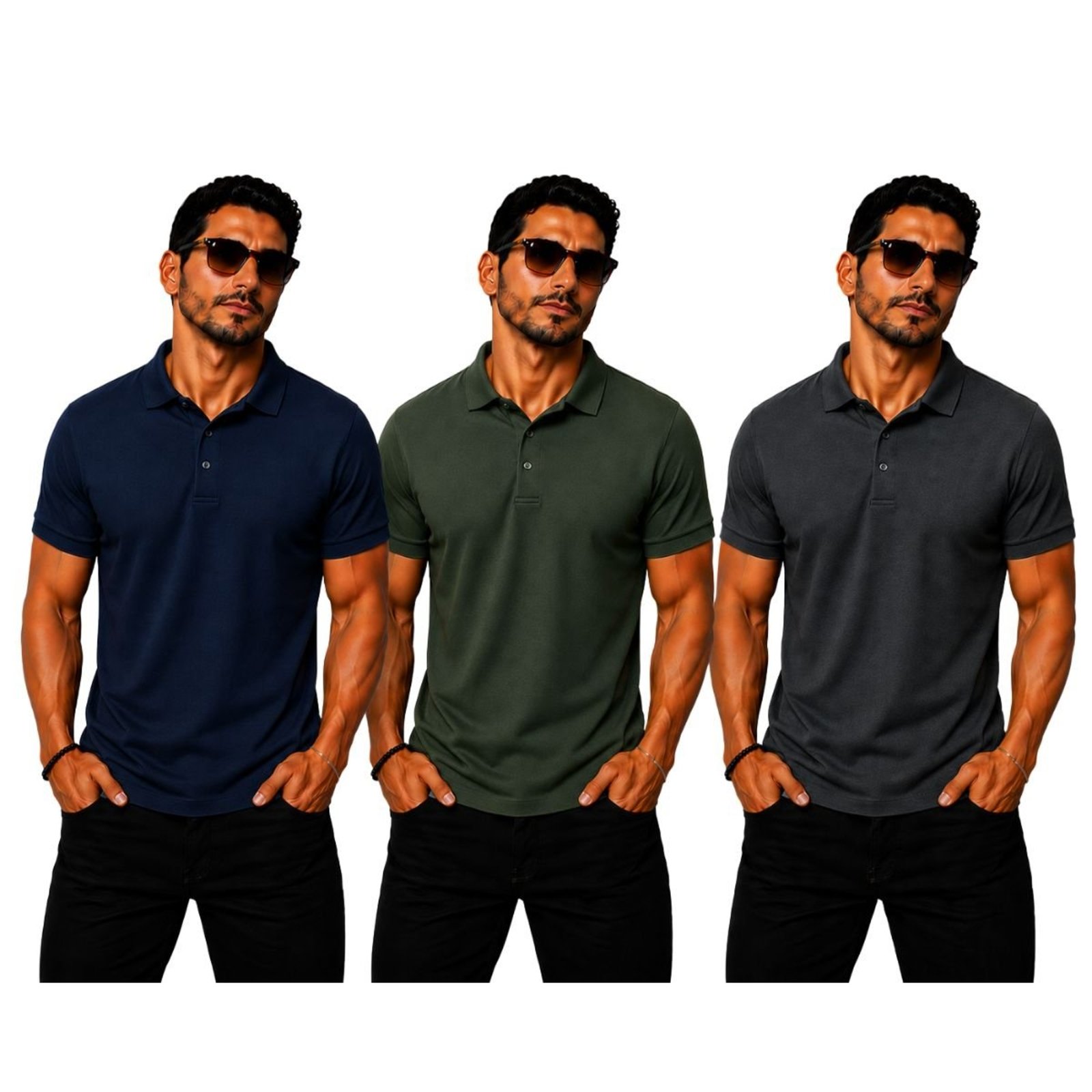 Kit 3 Camisas Polo Poliamida Masculina Básica Premium Multicolorido