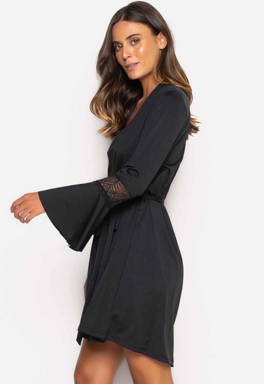 Vista 3 Robe Bravaa Store Hobby Roupão Feminino Noiva Renda Sexy Luxo Hobe 241 preto BRAVAA STORE preto