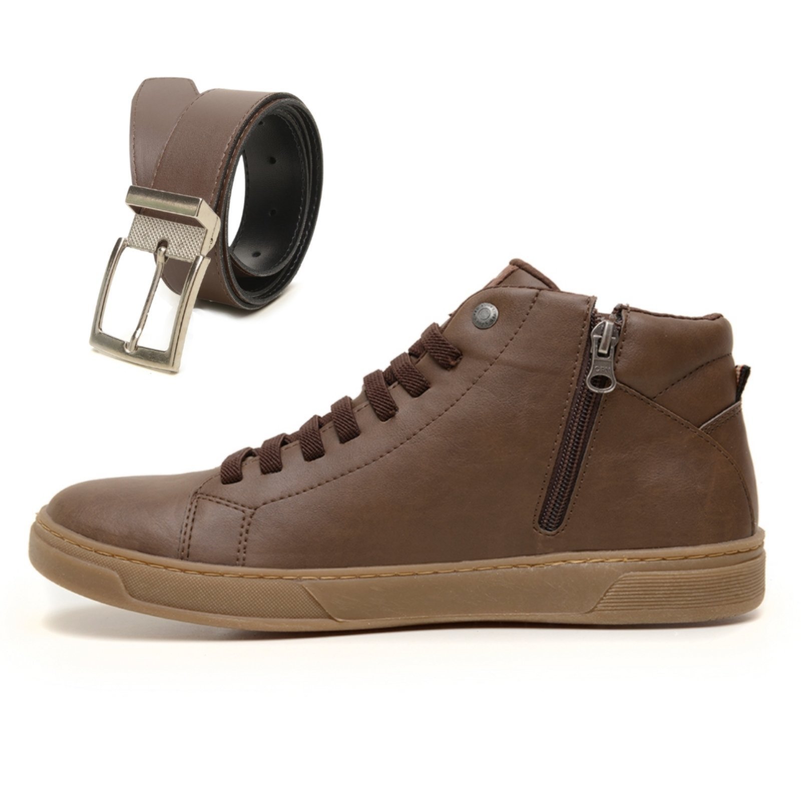Sapatenis Masculino Cano Médio Sintético com Zíper Lateral Confortável + Cinto