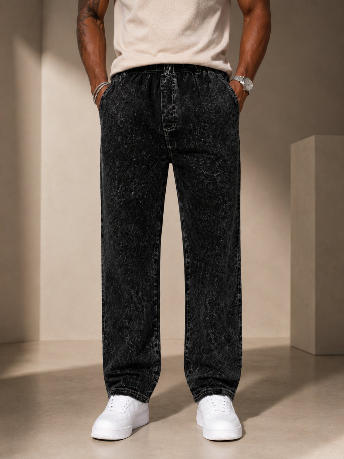 Calça Jeans Masculina Wide Leg Purple Jeans Preta Estonada Premium Cintura Elástica Conforto Streetwear Casual
