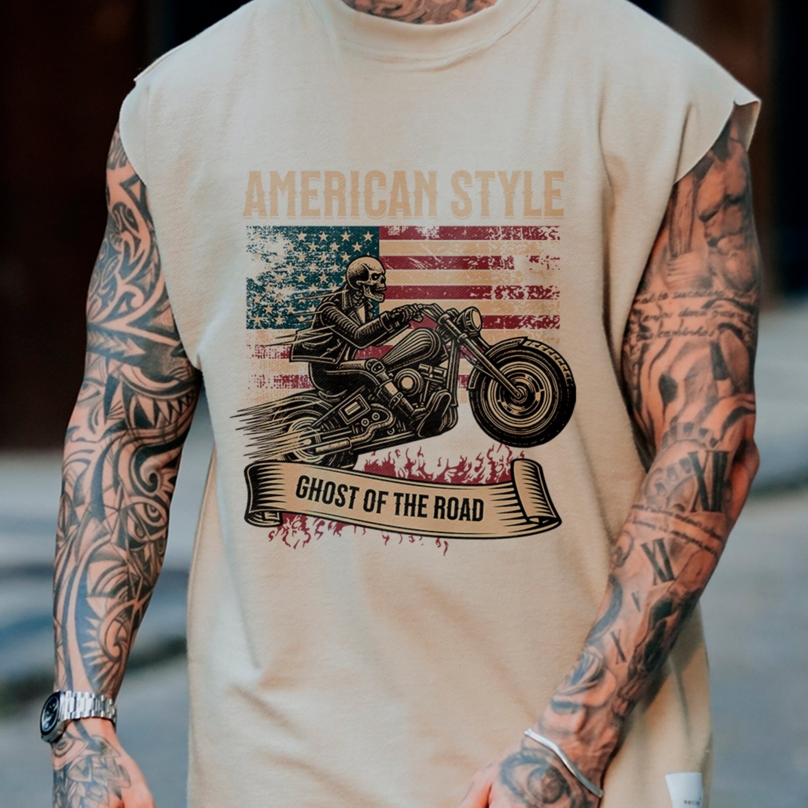 Camiseta Regata Machão American Style Moto Skull Rider Off White