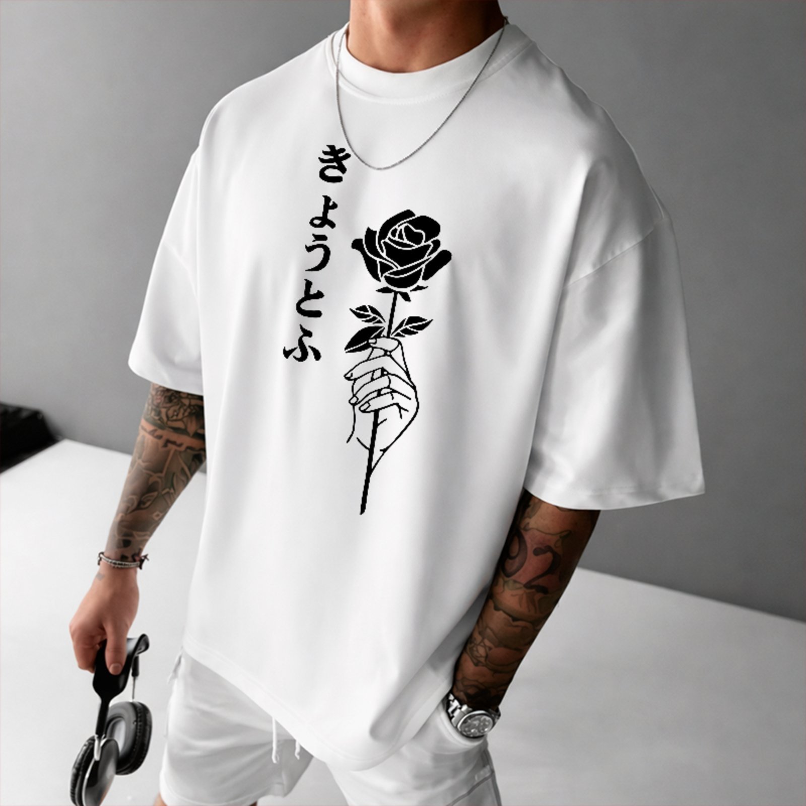 Camiseta Oversized Premium Rosa Lettering Japan Style Minimalista Unissex Branco