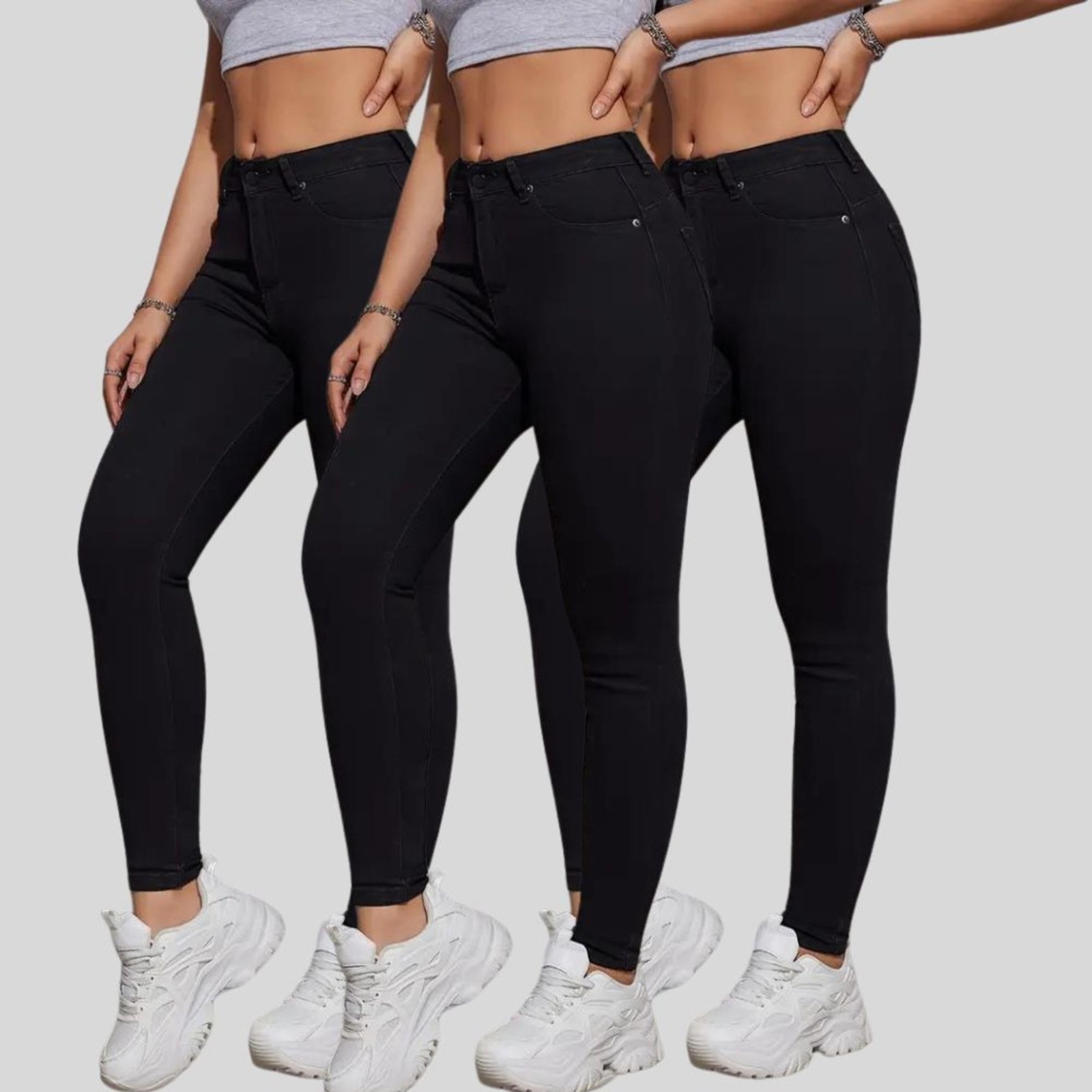 Vista 2 Kit 3 Calça Jeans Feminina Tex Jeans Cintura Alta Skinny com Elastano Preta azul azul