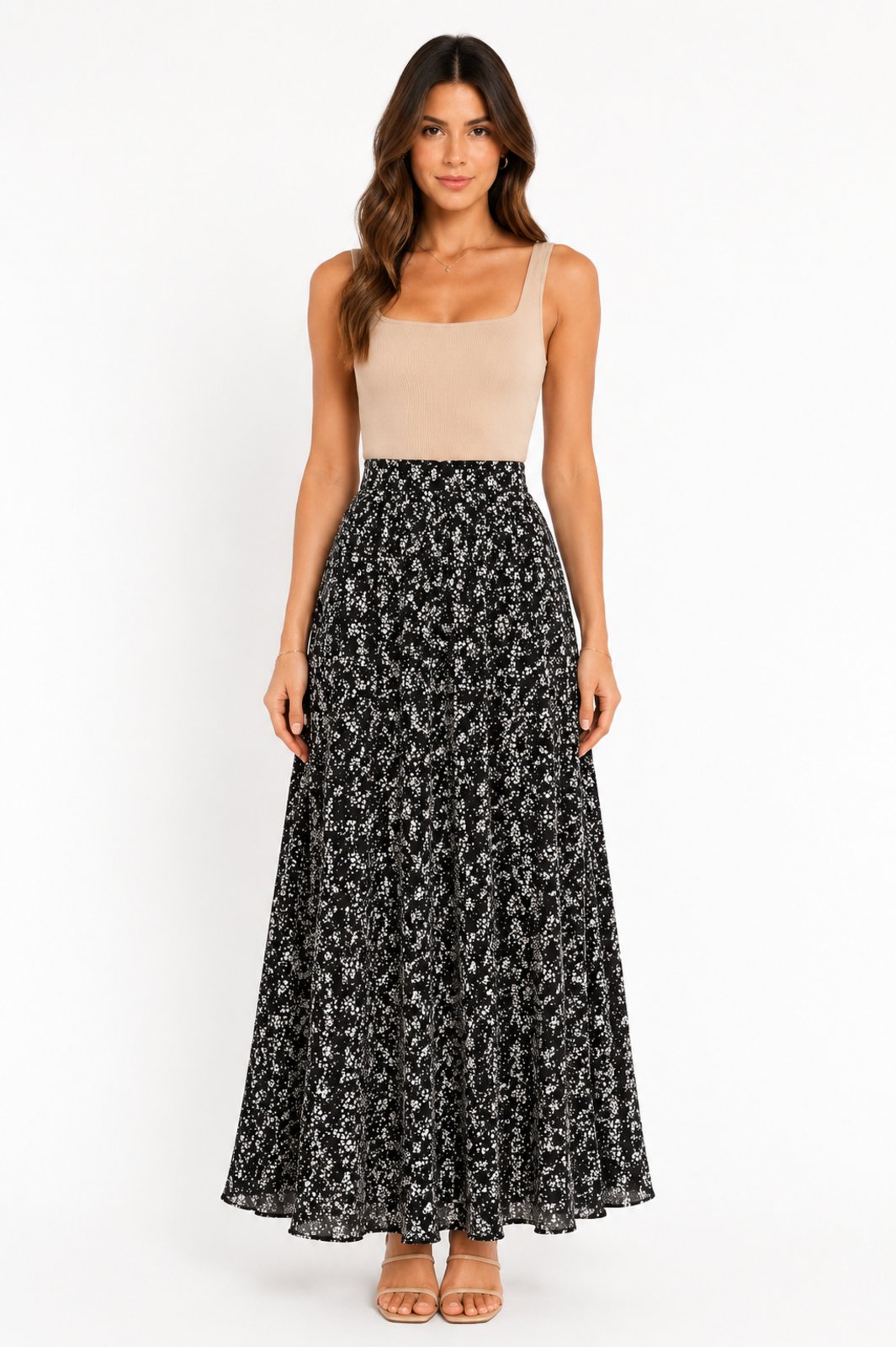 Saia Longa D Bell Outlet Fashion Estampa Floral Preto e Branco