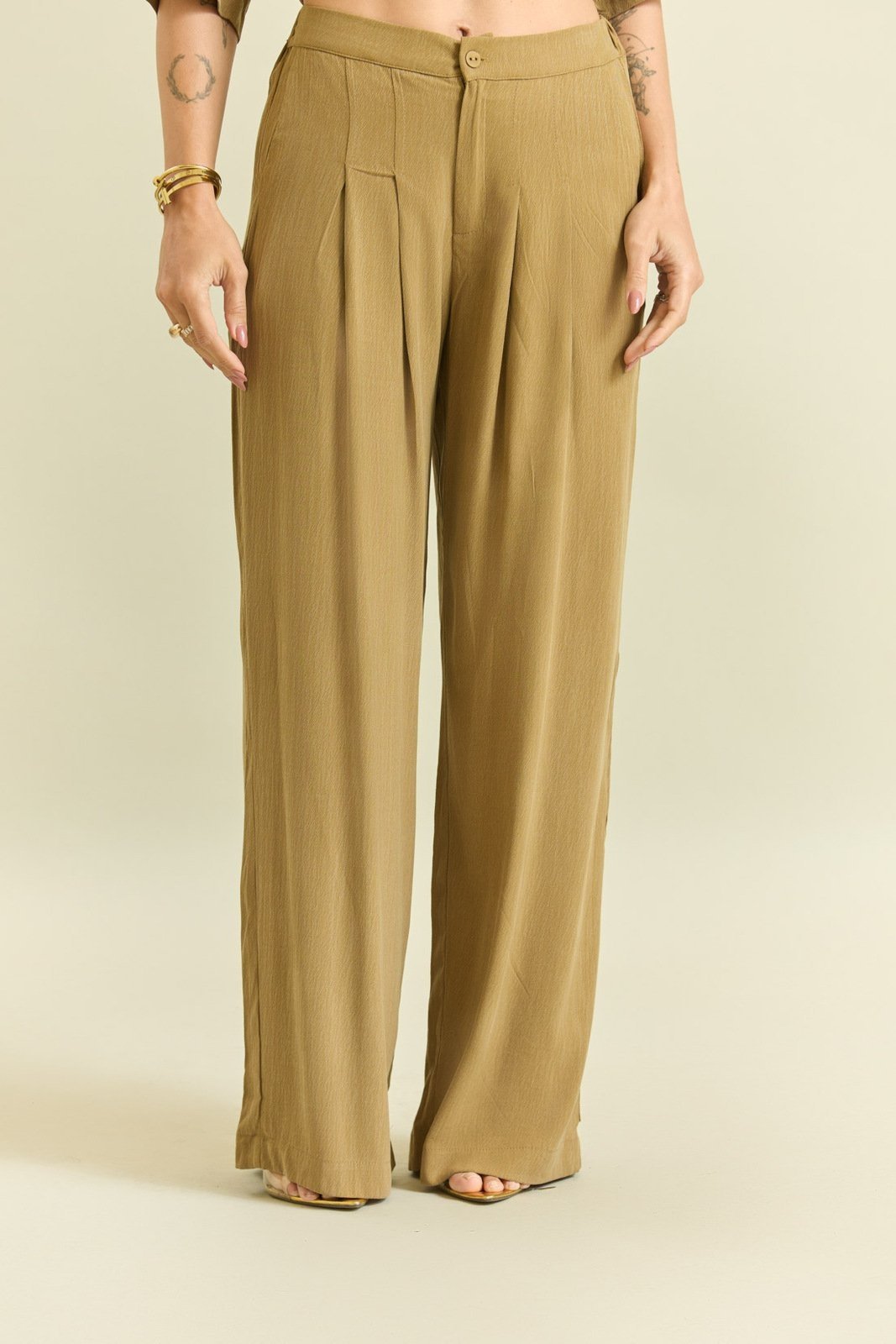 Calça Pantalona Feminina Cintura Alta Texturizada Lemier Collection