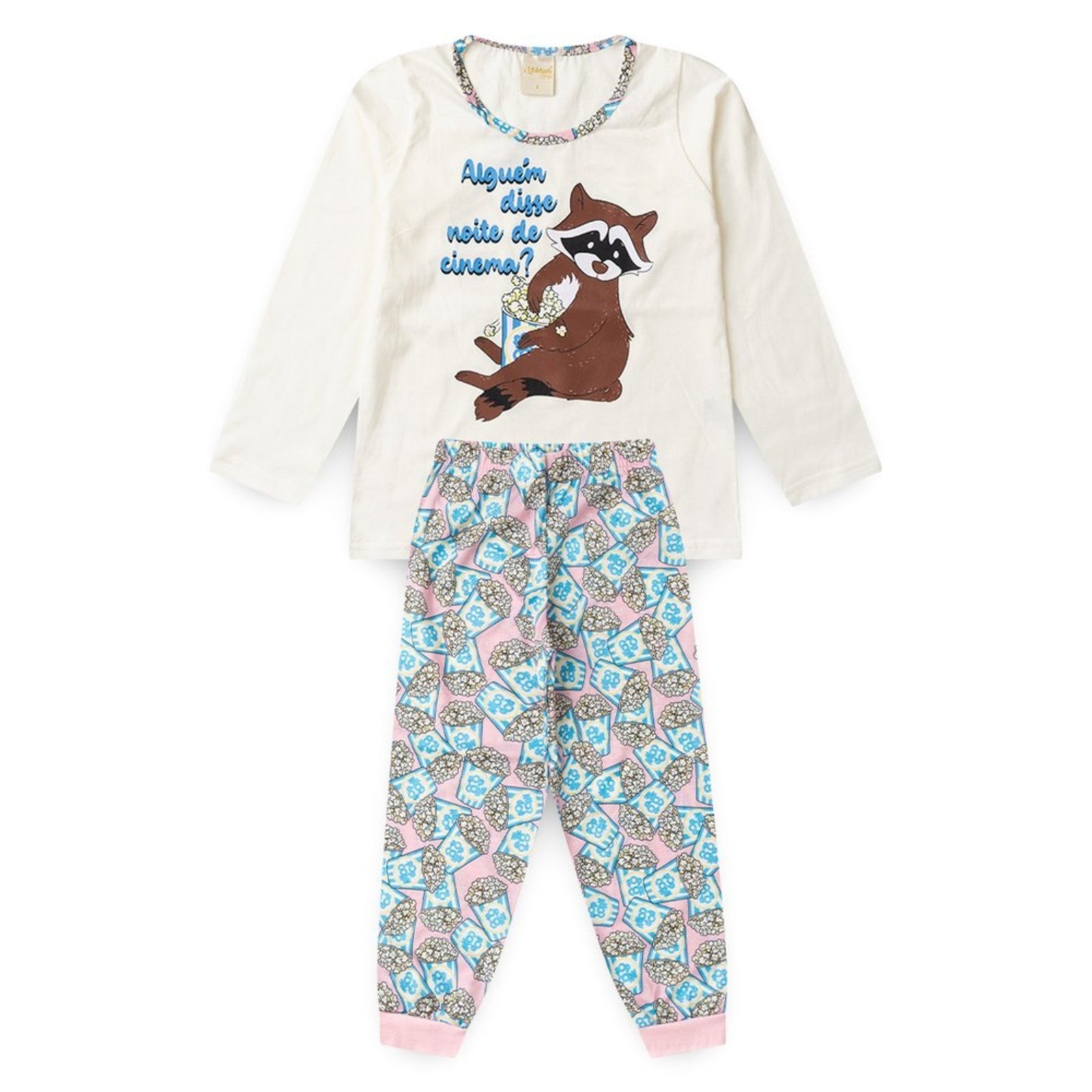 Pijama Longo Menina Natural Guaxinim Noite de Cinema