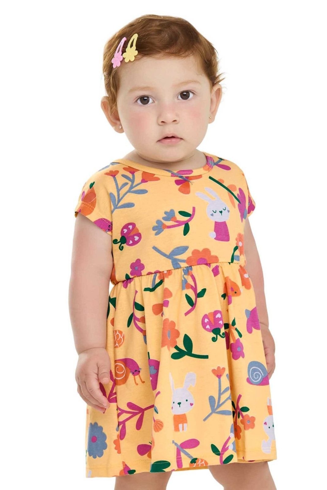 Infantil - Vestido Menina Meia Malha Bichinhos Elian Amarelo