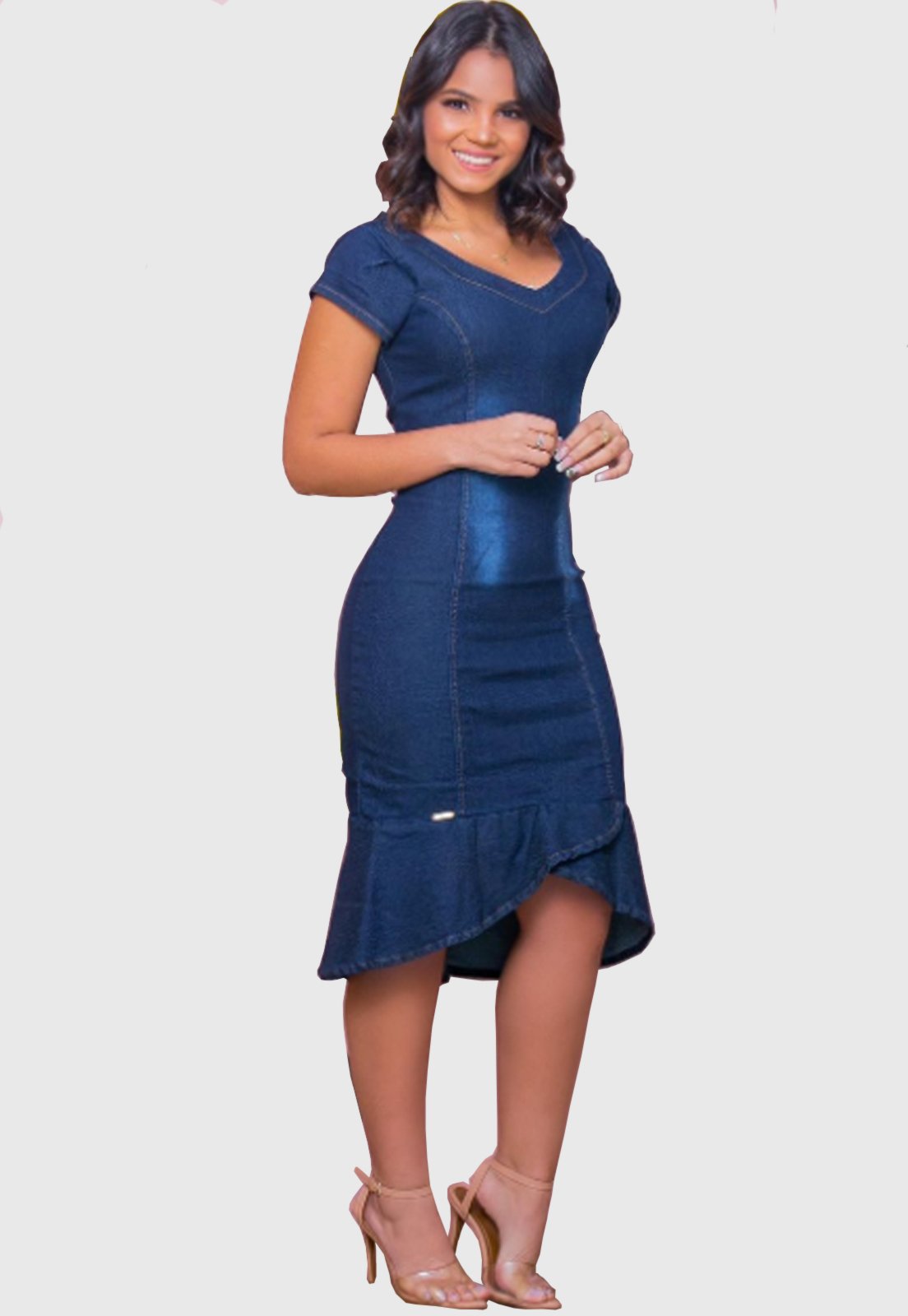 Vestido jeans com manga curta Jeans feminino com babado Azul plus size Urbania moda evangélica modesta cristã com ziper