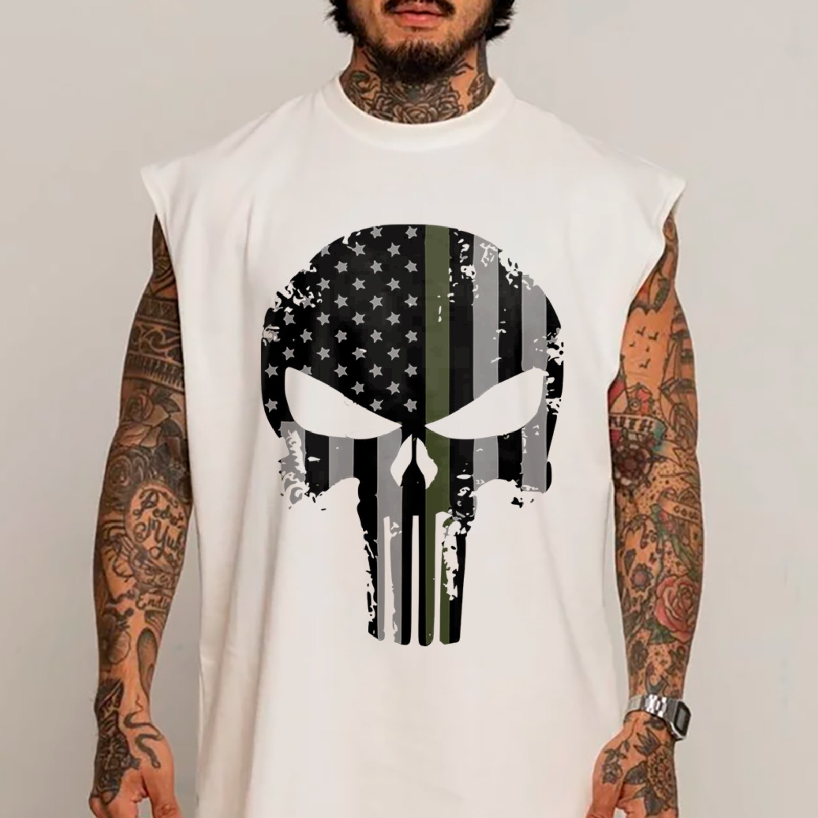 Camiseta Regata Machão Caveira Militar USA Flag Streetwear Branco