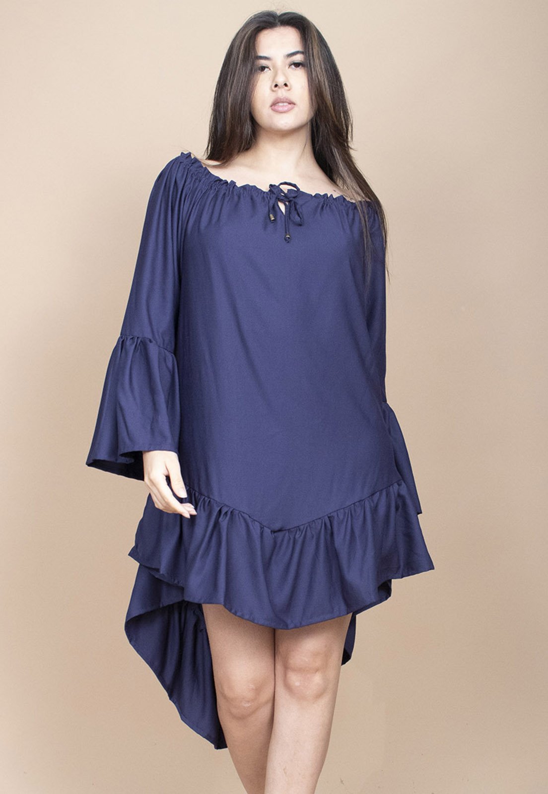 Vestido Curto Cabanafree Viscose Com Babados Azul Marinho