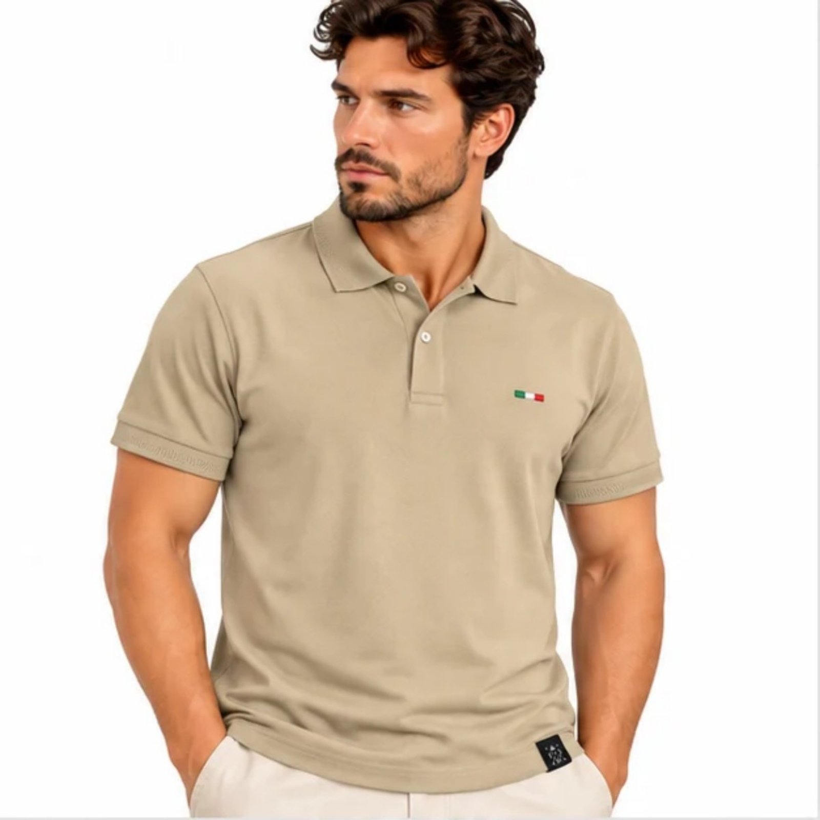 Camisa Polo Masculina FMF Bordado Itália Casual Premium Bege